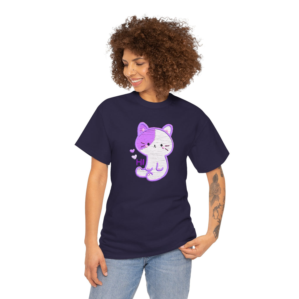 Cute Purple Cat “Hi” T-Shirt — Kawaii Kitten Graphic Tee