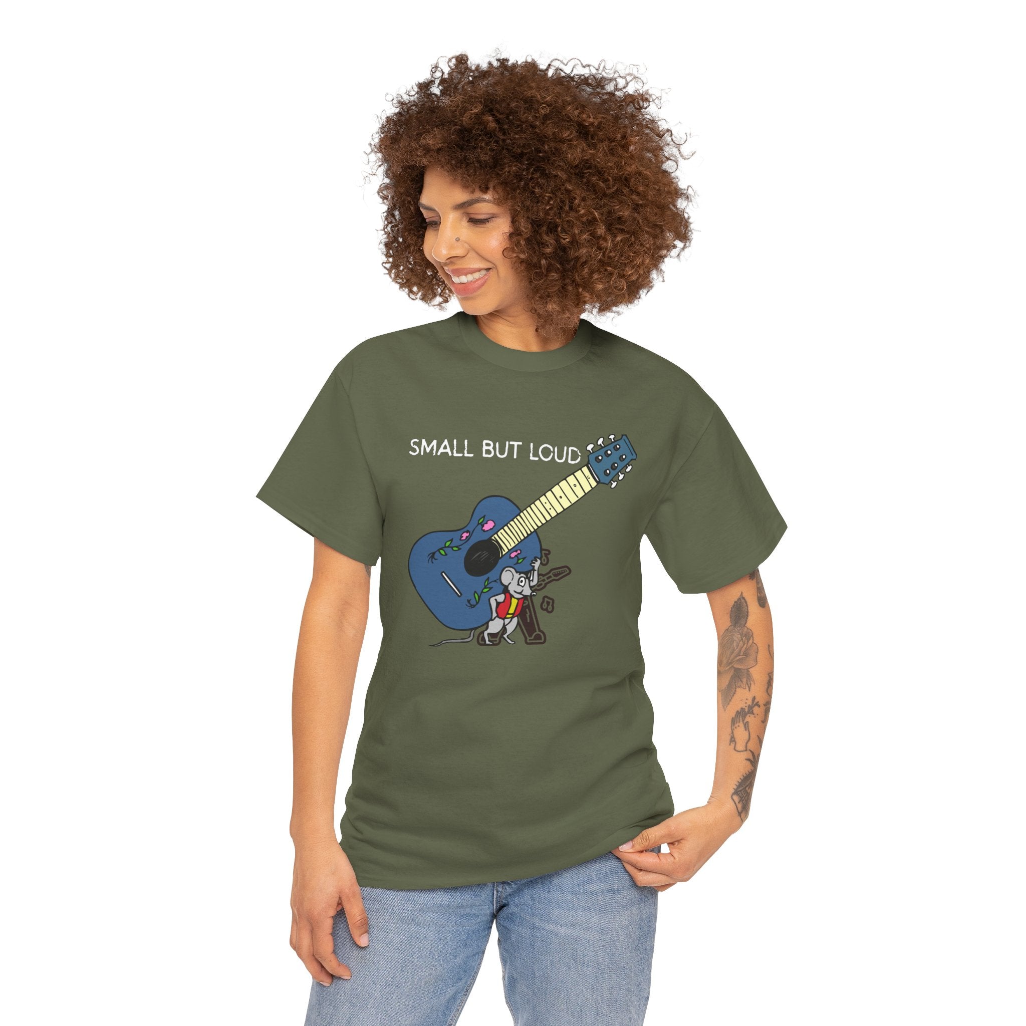 T-Shirt — "Small But Loud" Cute Mouse with Guitar Graphic