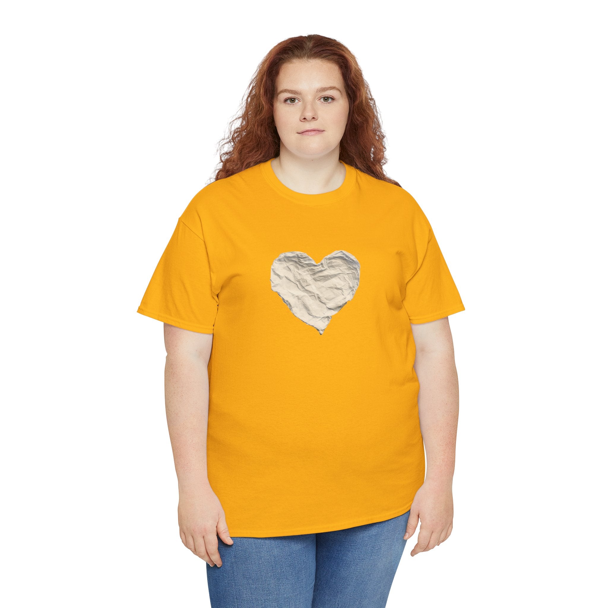 Crinkled Paper Heart Tee - Minimalist White Cotton Shirt