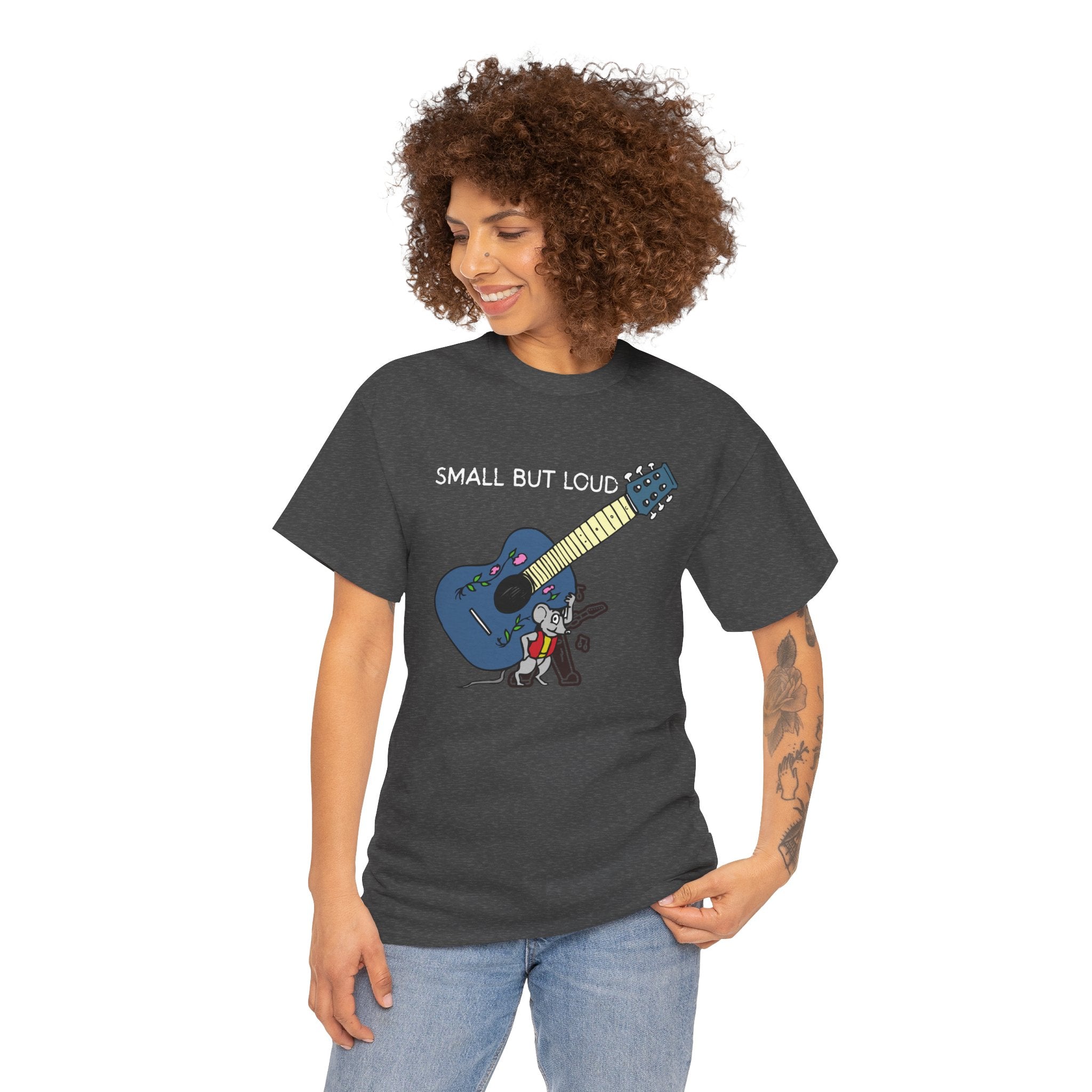 T-Shirt — "Small But Loud" Cute Mouse with Guitar Graphic