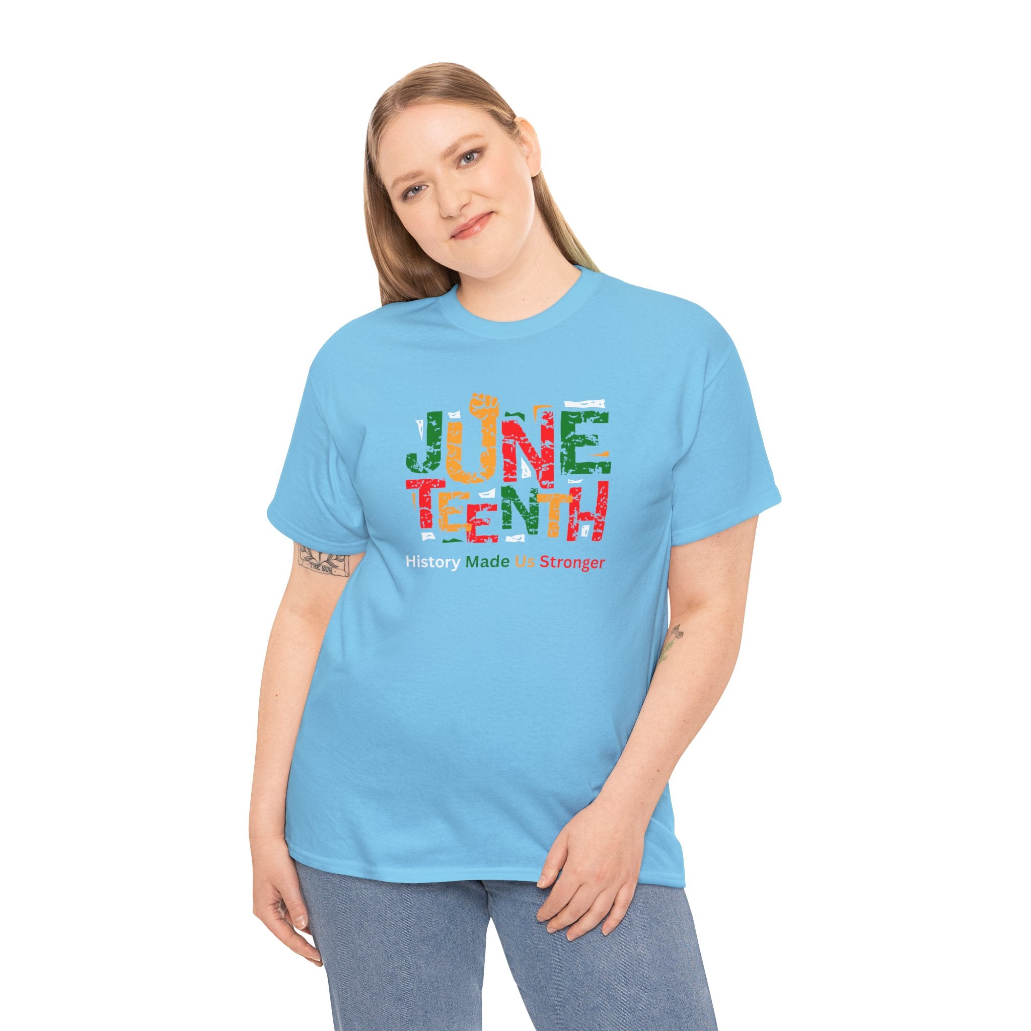 Juneteenth Celebration T-Shirt — "Made Us Stronger" Floral Block Letter Tee