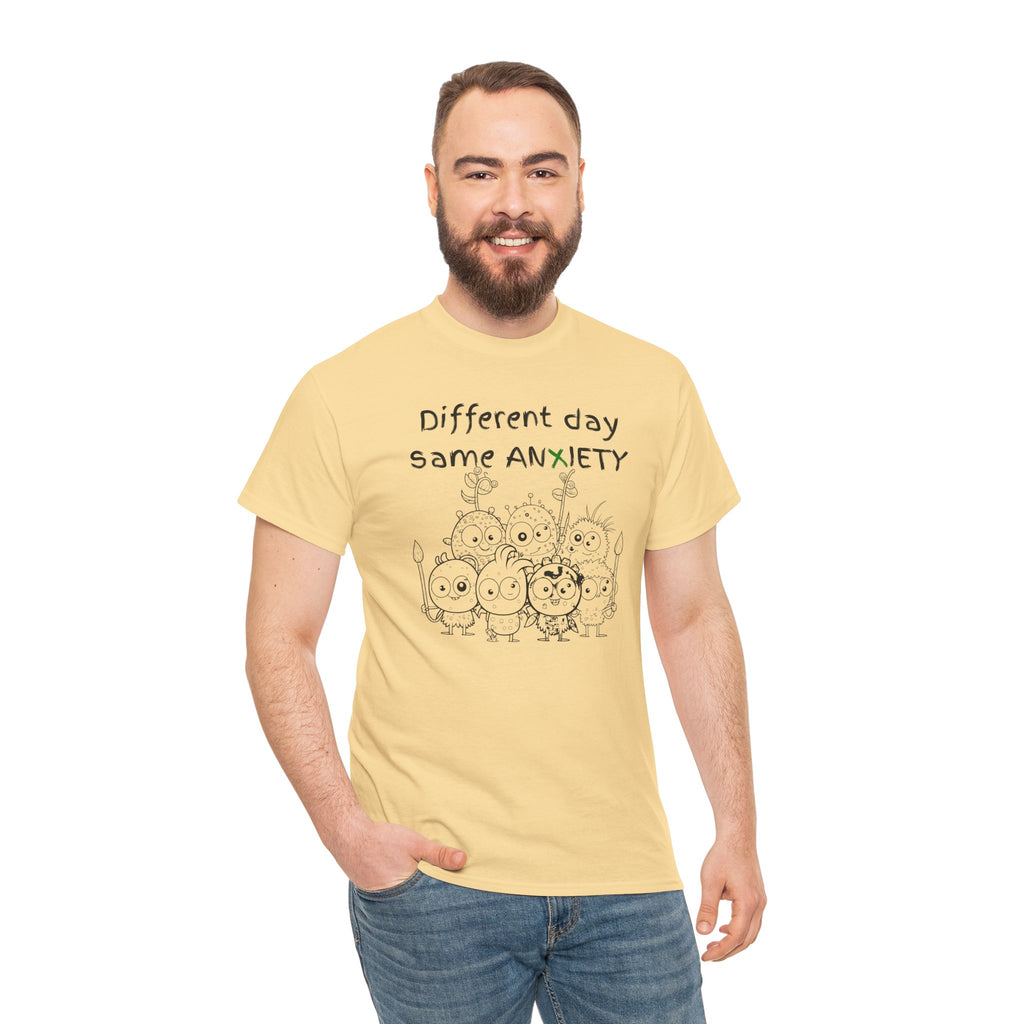 Anxiety Cartoon Tee — "Different day same ANXIETY" Mental Health Graphic T-Shirt