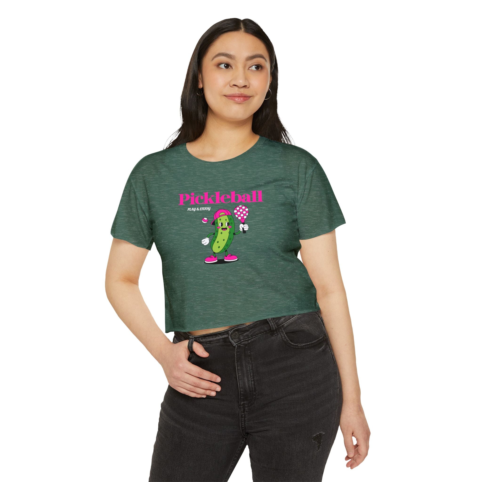 Pickleball Festival Crop Top — Cute Pickle Character Graphic Tee for Women
