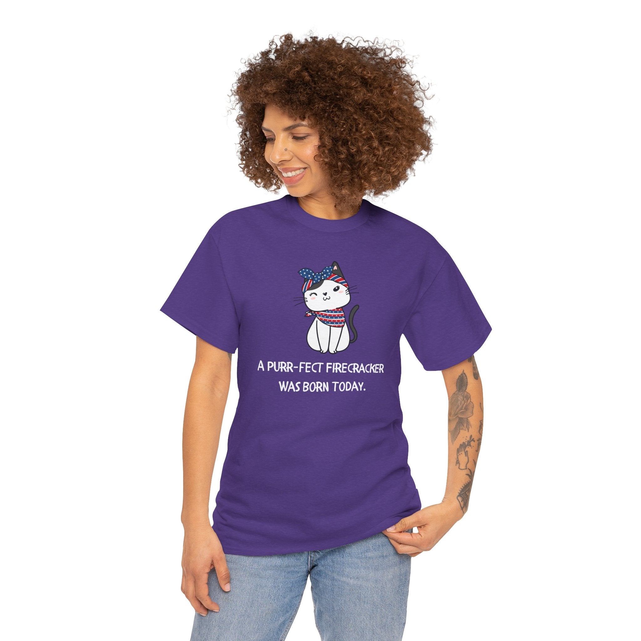 Cat Birthday Tee — "A Purr-fect Firecracker Was Born Today"