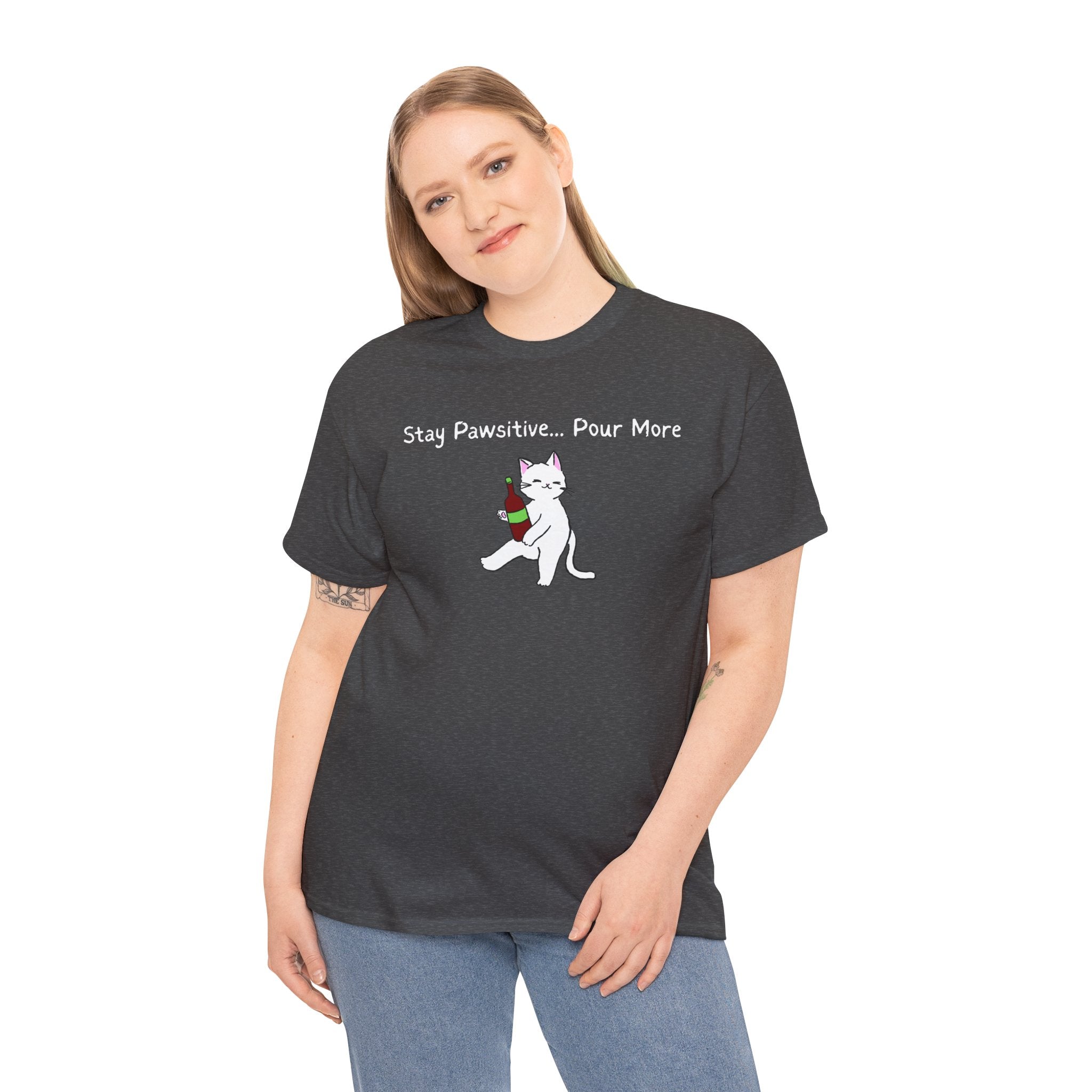 Cat Wine Tee - "Stay Pawsitive Pour More" Funny Cat Drinking T-Shirt