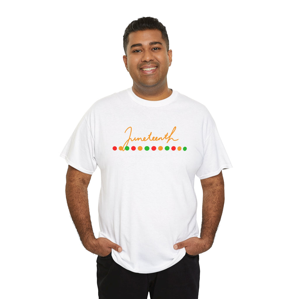 Juneteenth Script Tee — Juneteenth Celebration T-Shirt with Red, Green & Gold Dot Accent