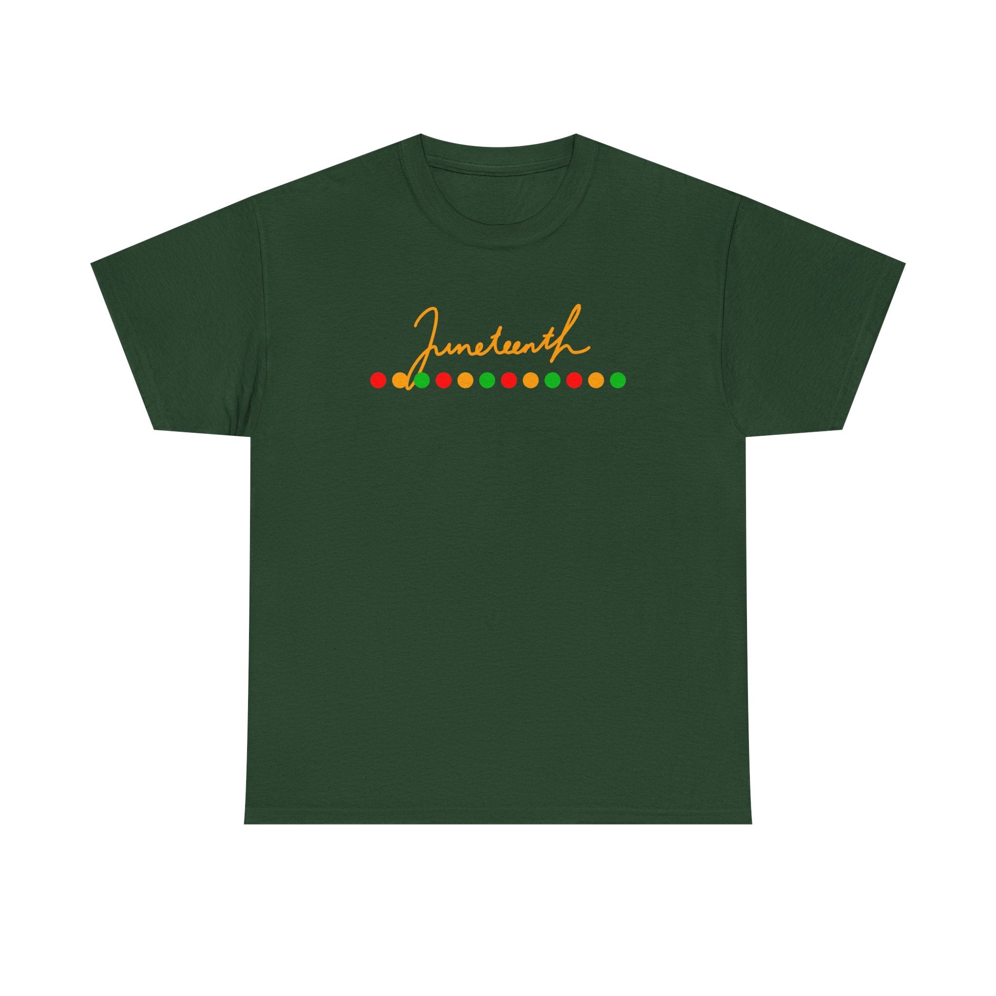 Juneteenth Script Tee — Juneteenth Celebration T-Shirt with Red, Green & Gold Dot Accent