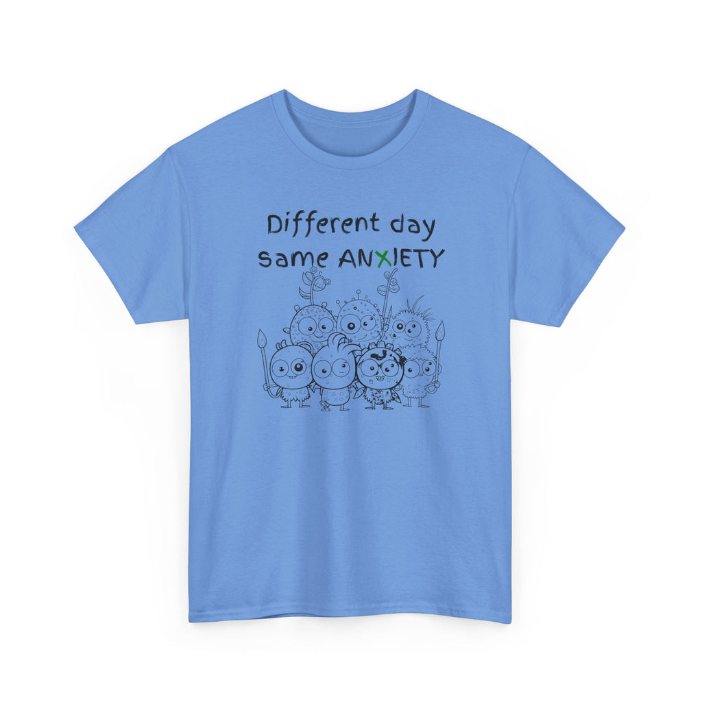 Anxiety Cartoon Tee — "Different day same ANXIETY" Mental Health Graphic T-Shirt