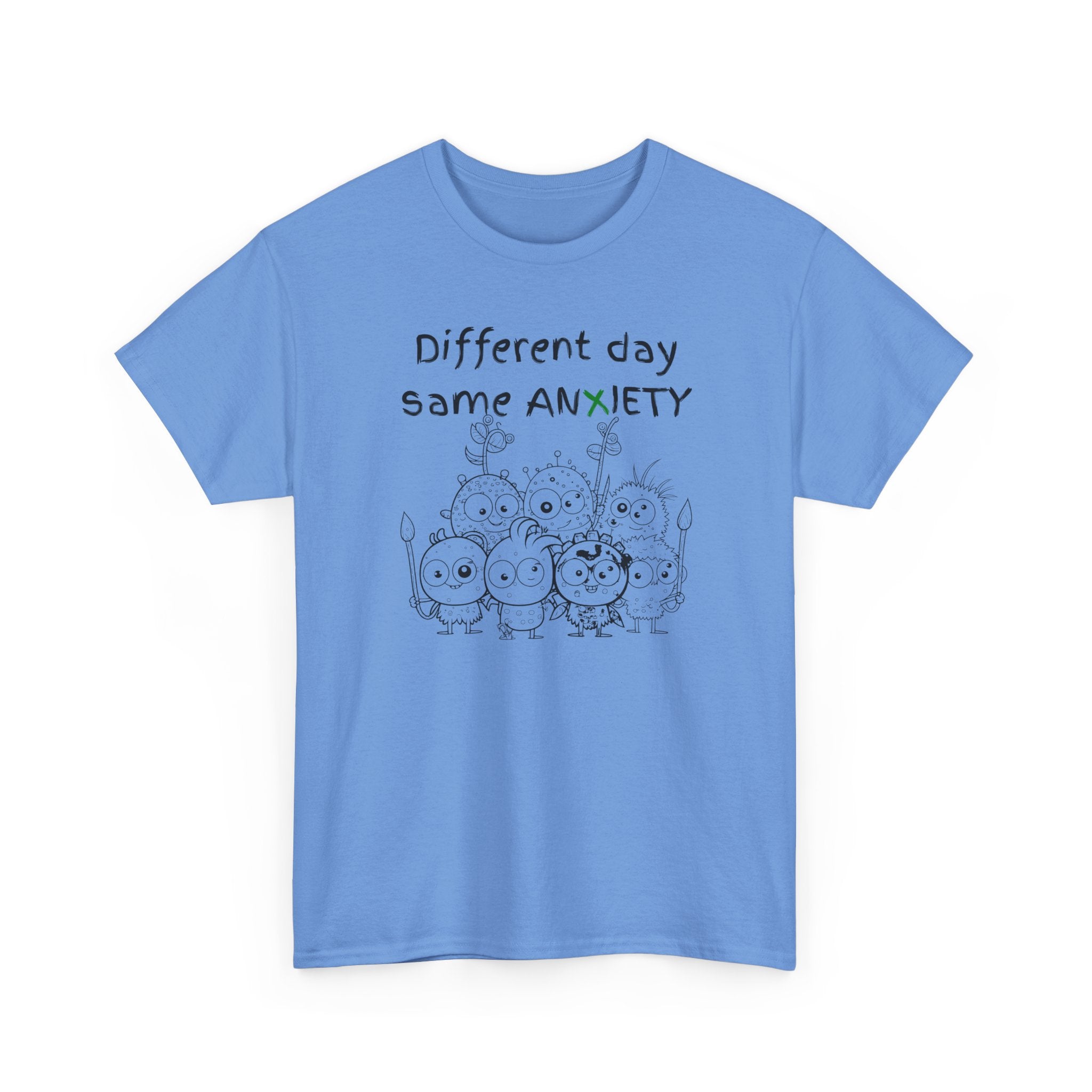 Anxiety Cartoon Tee — "Different day same ANXIETY" Mental Health Graphic T-Shirt