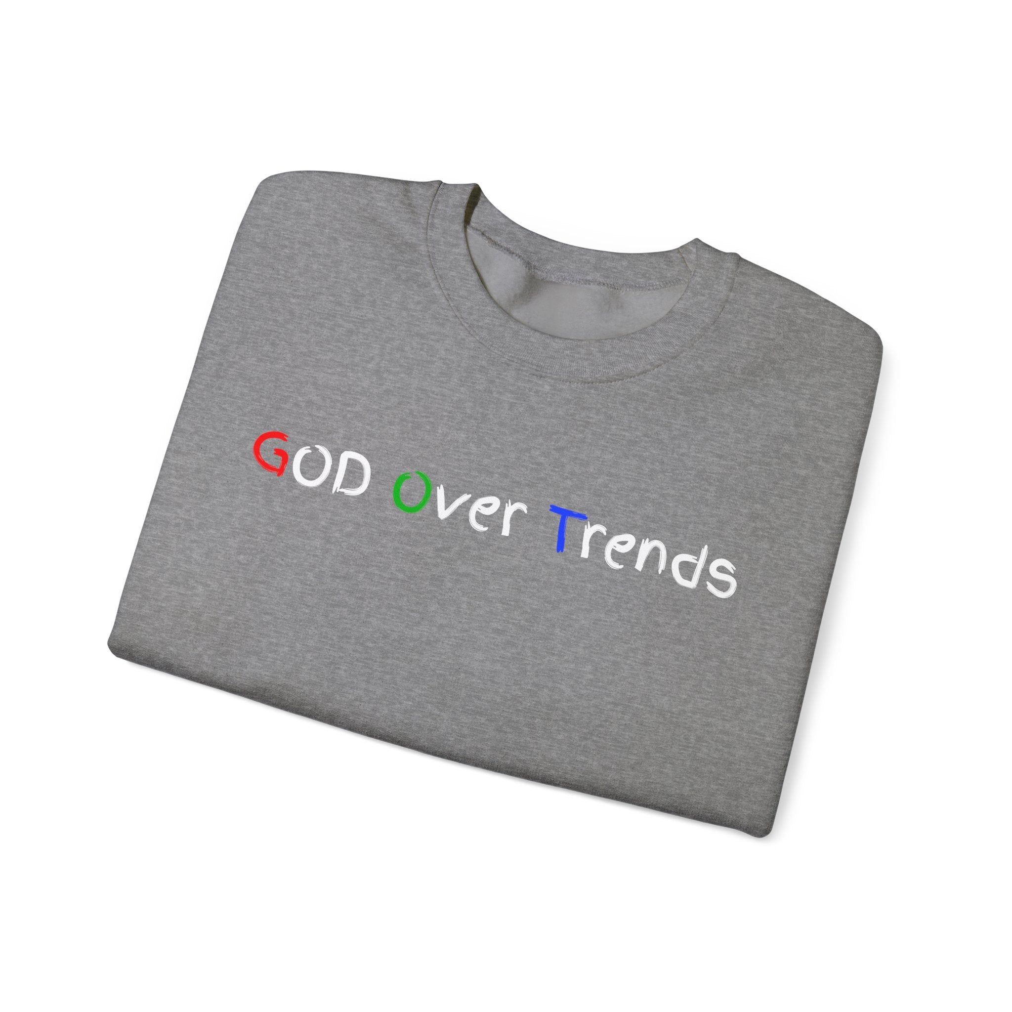 Crewneck Sweatshirt — "GOD over Trends" Colorful Faith Graphic