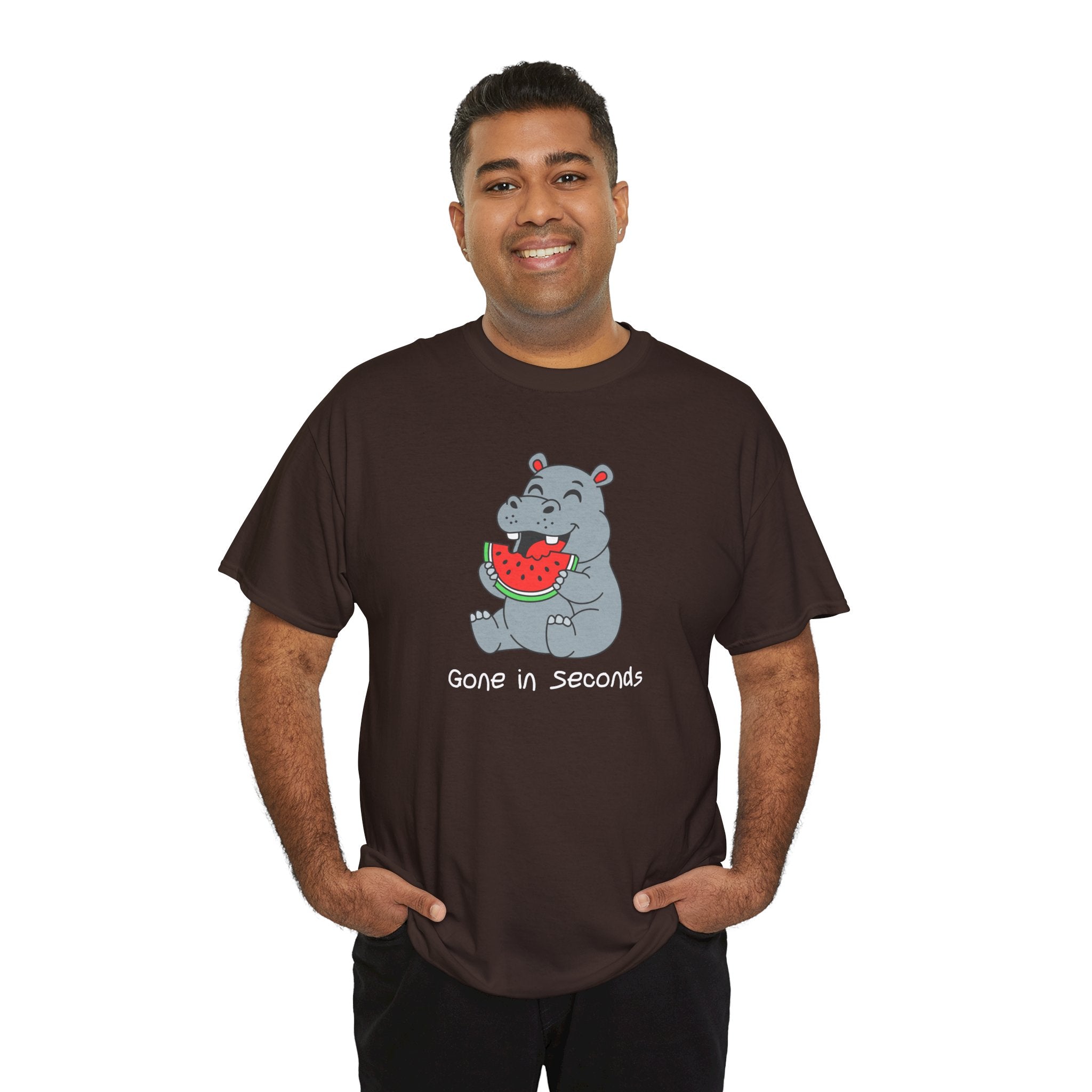 Hippo Eating Watermelon Tee — "Gone in Seconds" Cute Animal Graphic Shirt