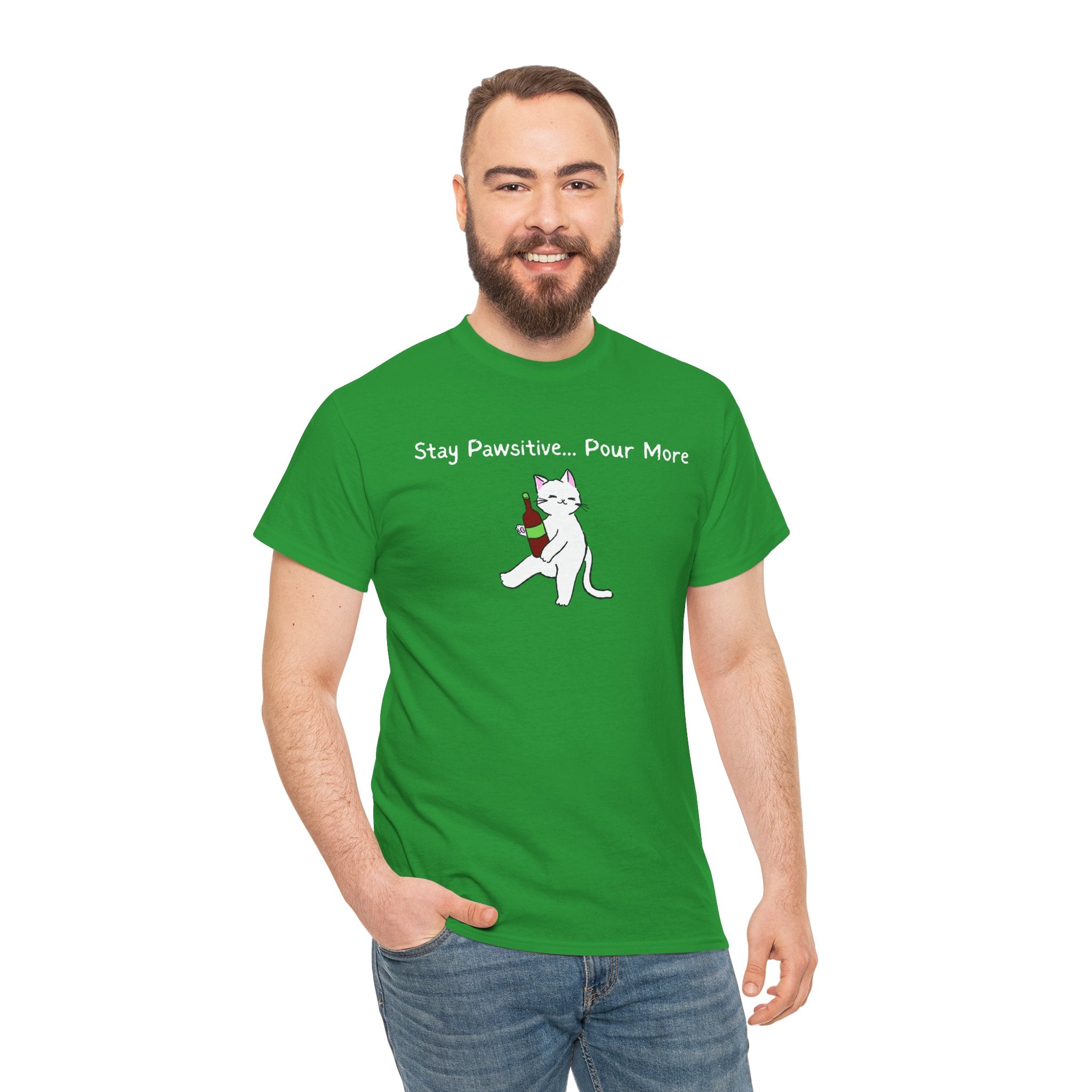Cat Wine Tee - "Stay Pawsitive Pour More" Funny Cat Drinking T-Shirt