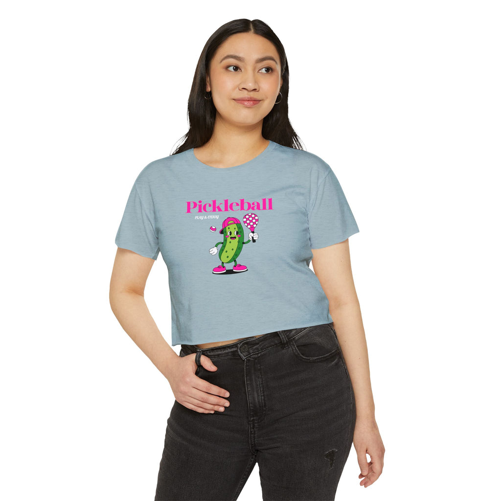 Pickleball Festival Crop Top — Cute Pickle Character Graphic Tee for Women