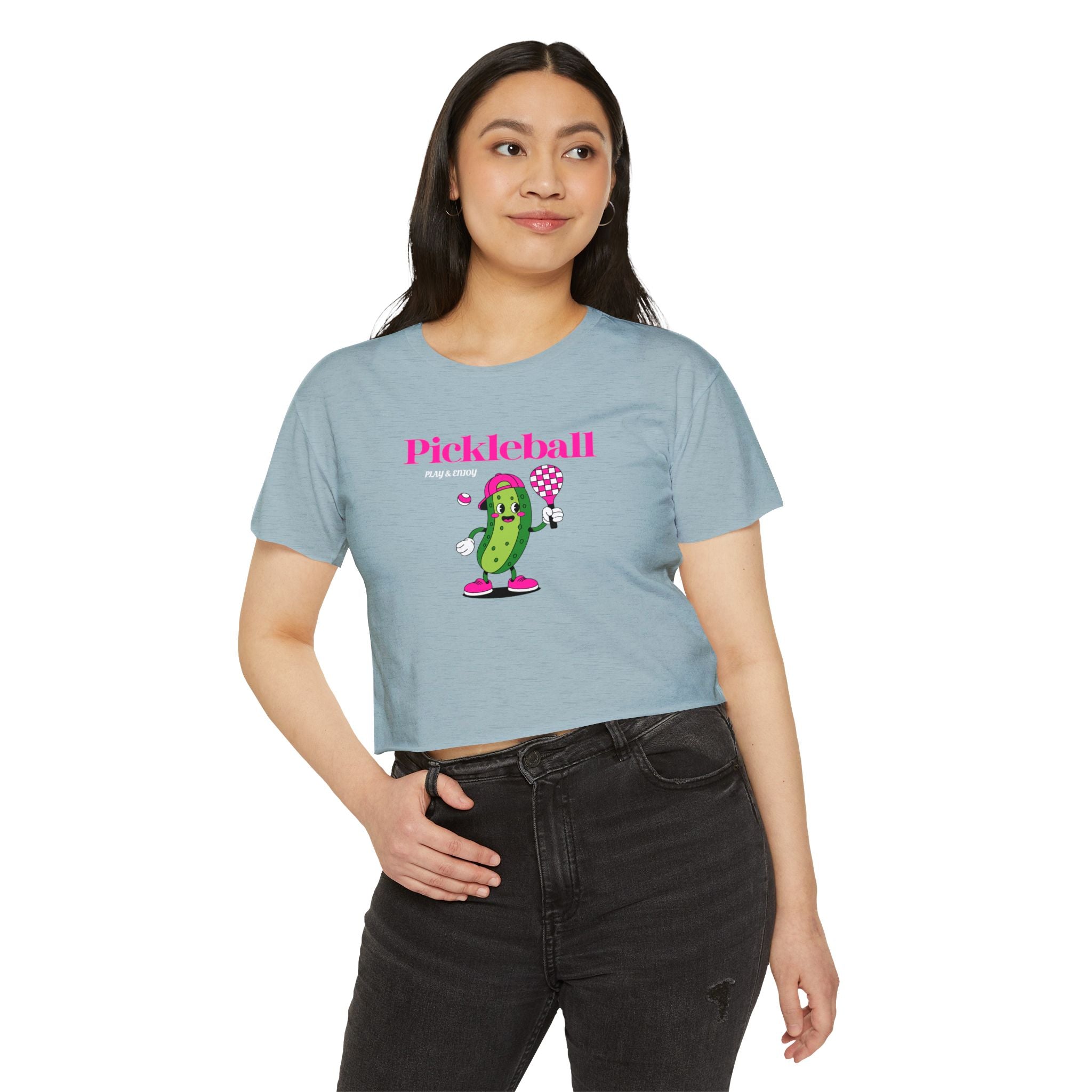 Pickleball Festival Crop Top — Cute Pickle Character Graphic Tee for Women