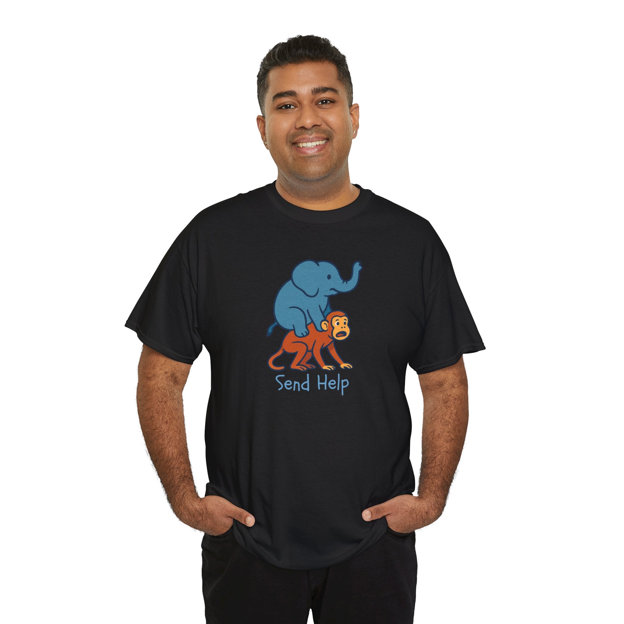 Funny Elephant Riding Monkey T-Shirt — "Send Help" Graphic Tee