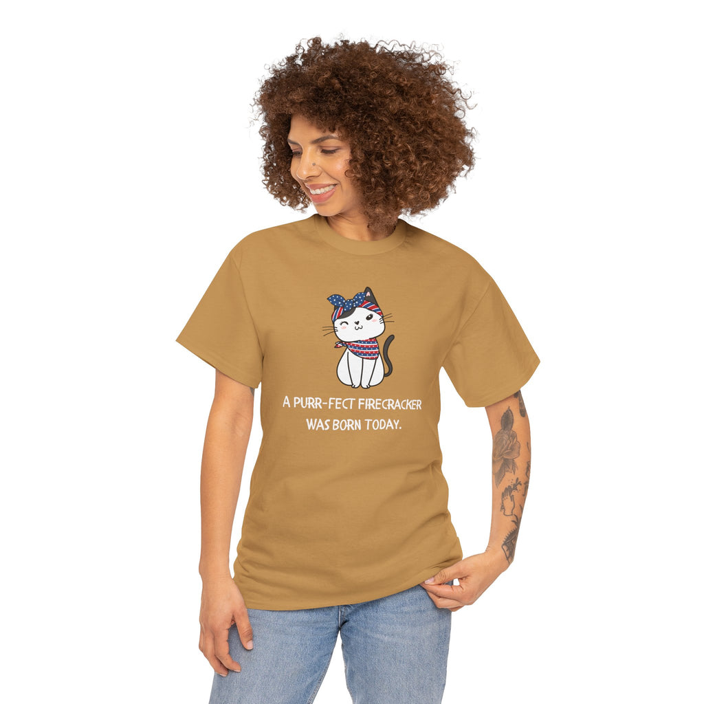 Cat Birthday Tee — "A Purr-fect Firecracker Was Born Today"