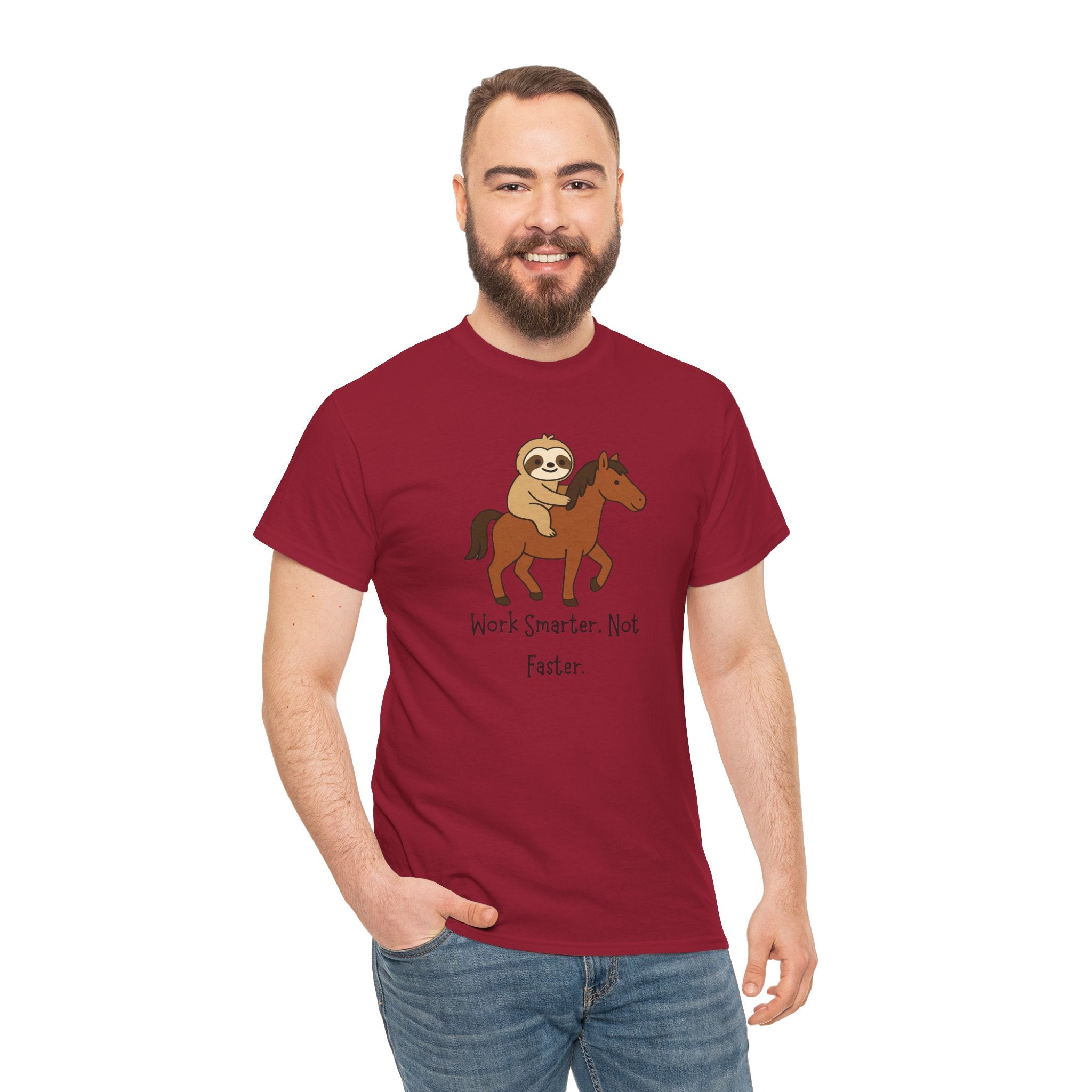 Sloth on Horse Tee — "Work Smarter, Not Faster" Cute Casual Graphic T-Shirt