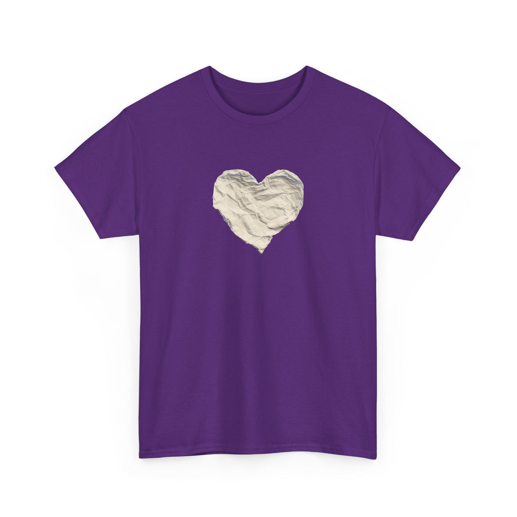 Crinkled Paper Heart Tee - Minimalist White Cotton Shirt