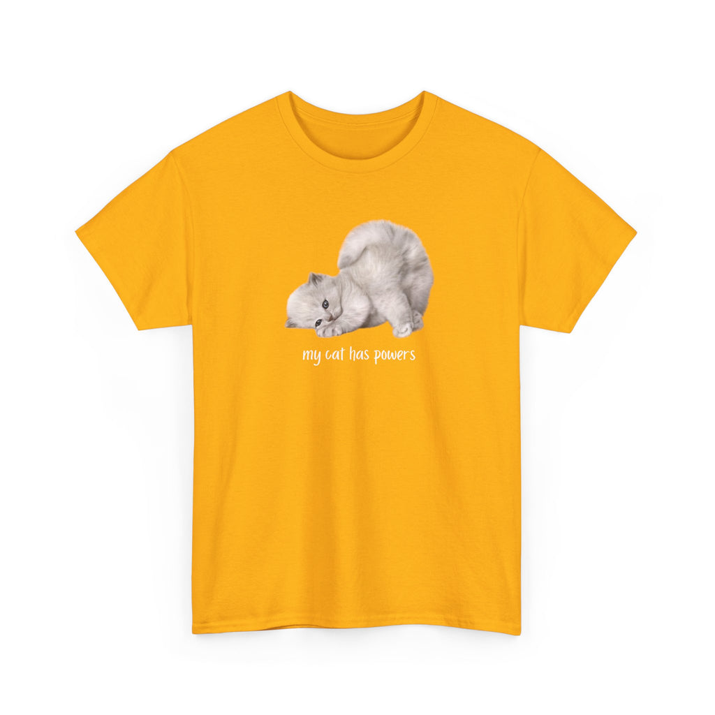 Cat T-Shirt – "My Cat Has Powers" Cute Stretching Cat Graphic Tee