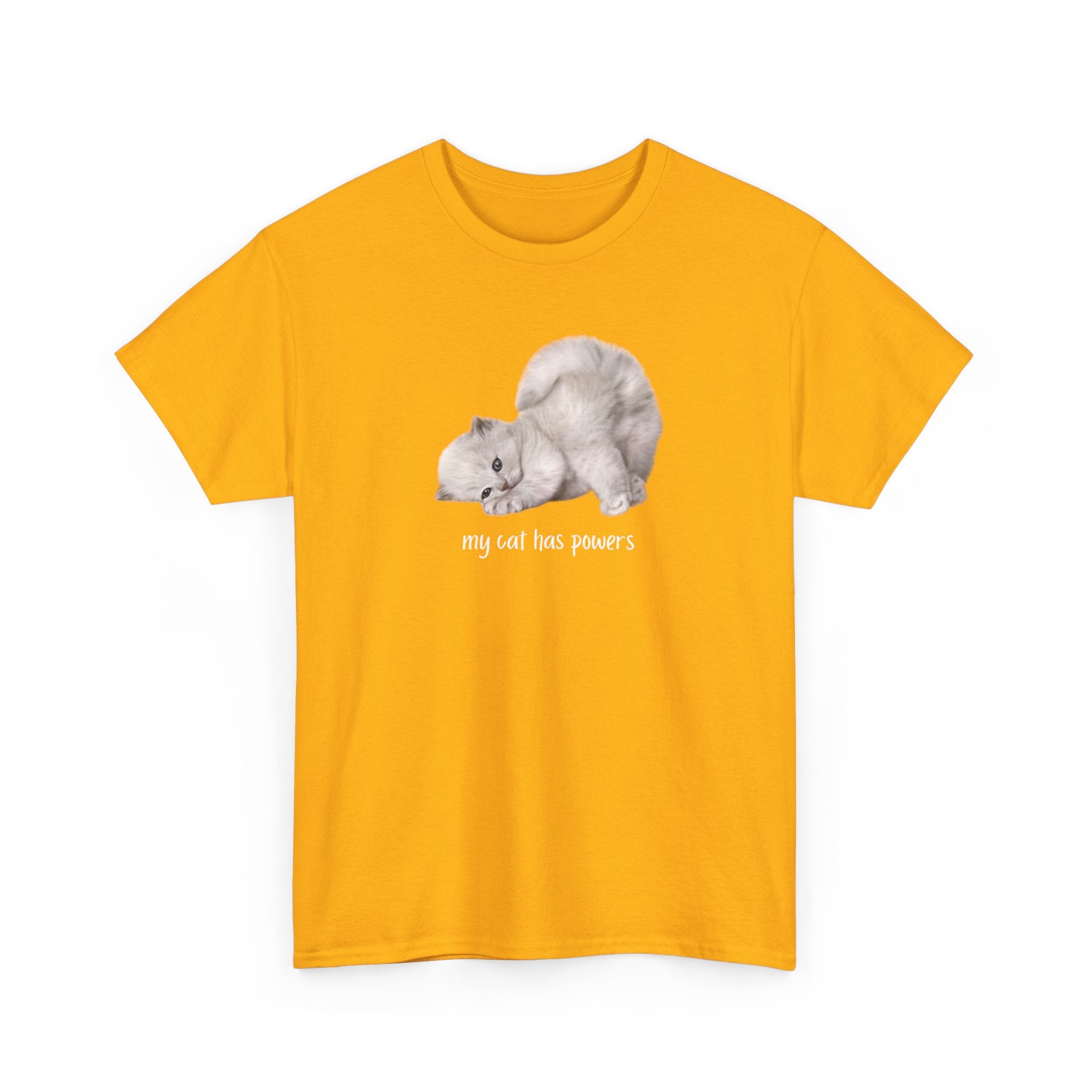 Cat T-Shirt – "My Cat Has Powers" Cute Stretching Cat Graphic Tee