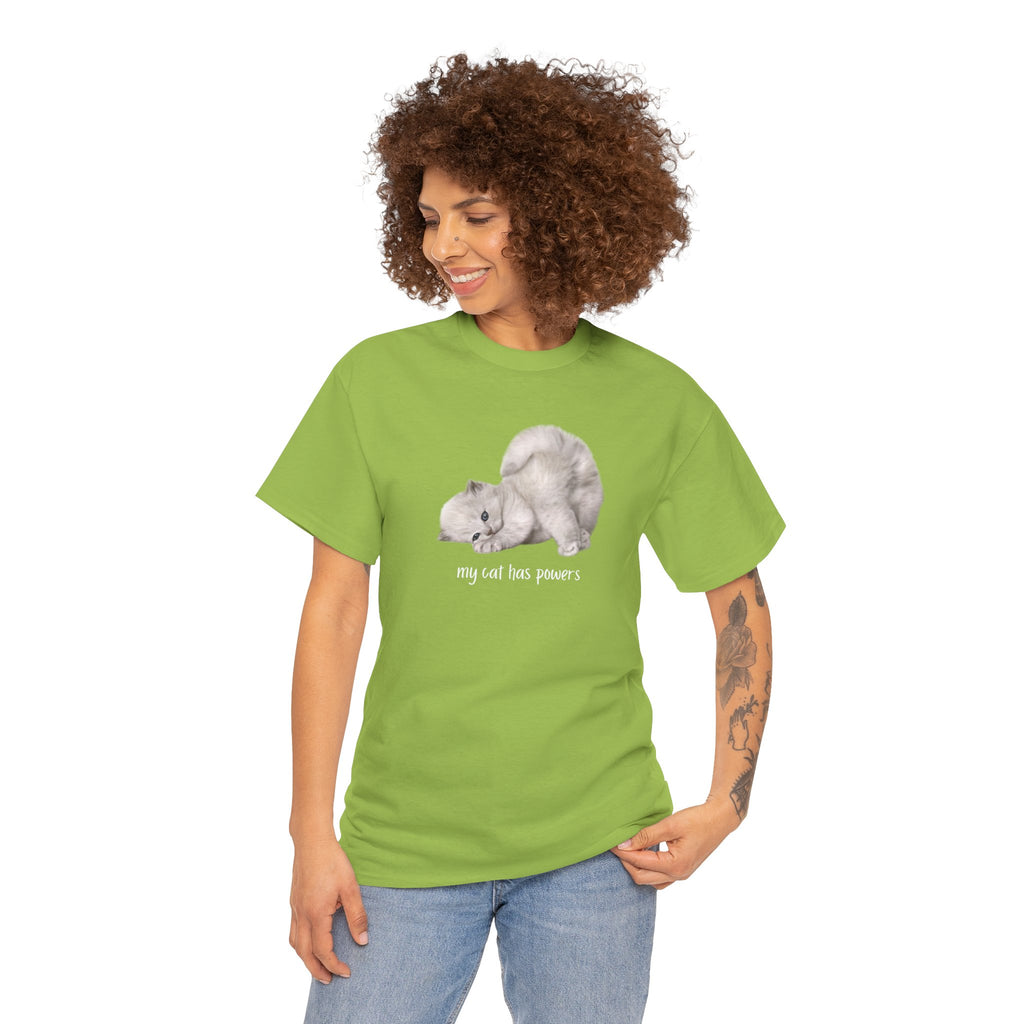 Cat T-Shirt – "My Cat Has Powers" Cute Stretching Cat Graphic Tee