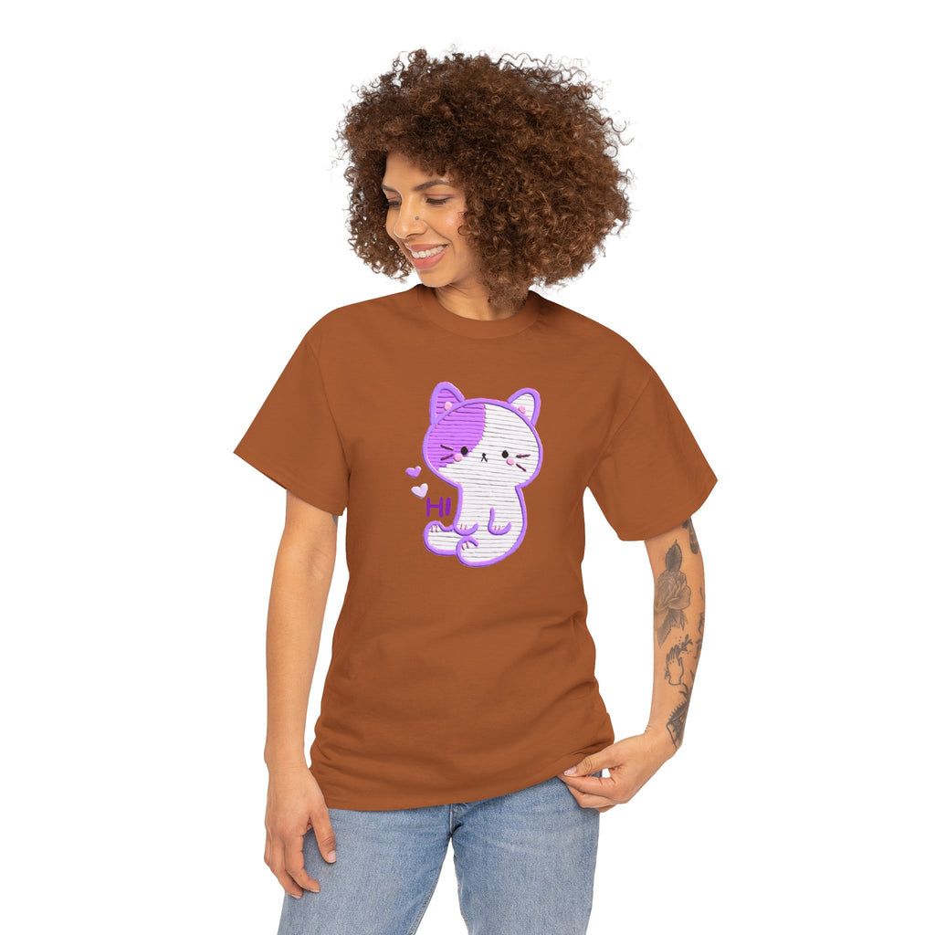 Cute Purple Cat “Hi” T-Shirt — Kawaii Kitten Graphic Tee