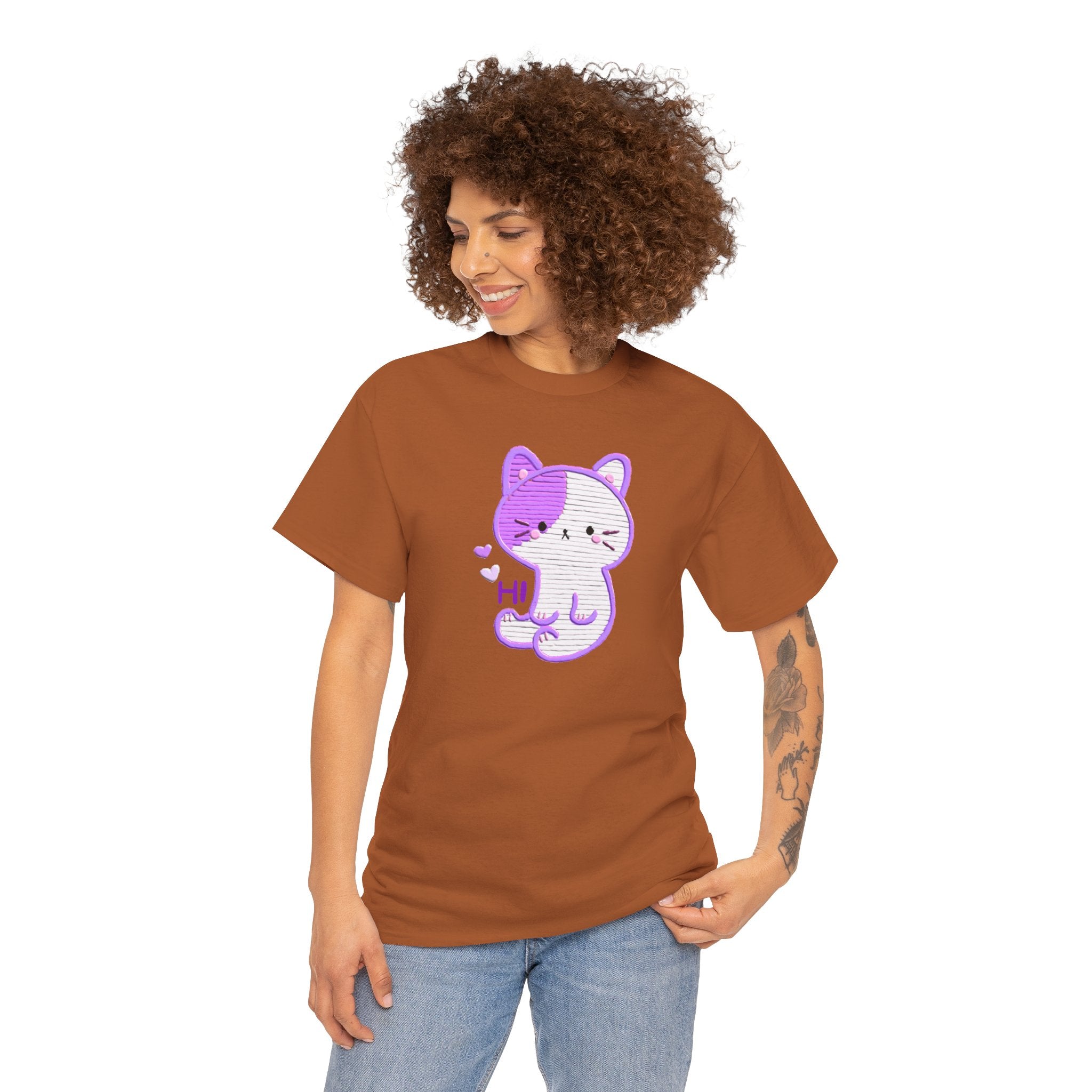 Cute Purple Cat “Hi” T-Shirt — Kawaii Kitten Graphic Tee