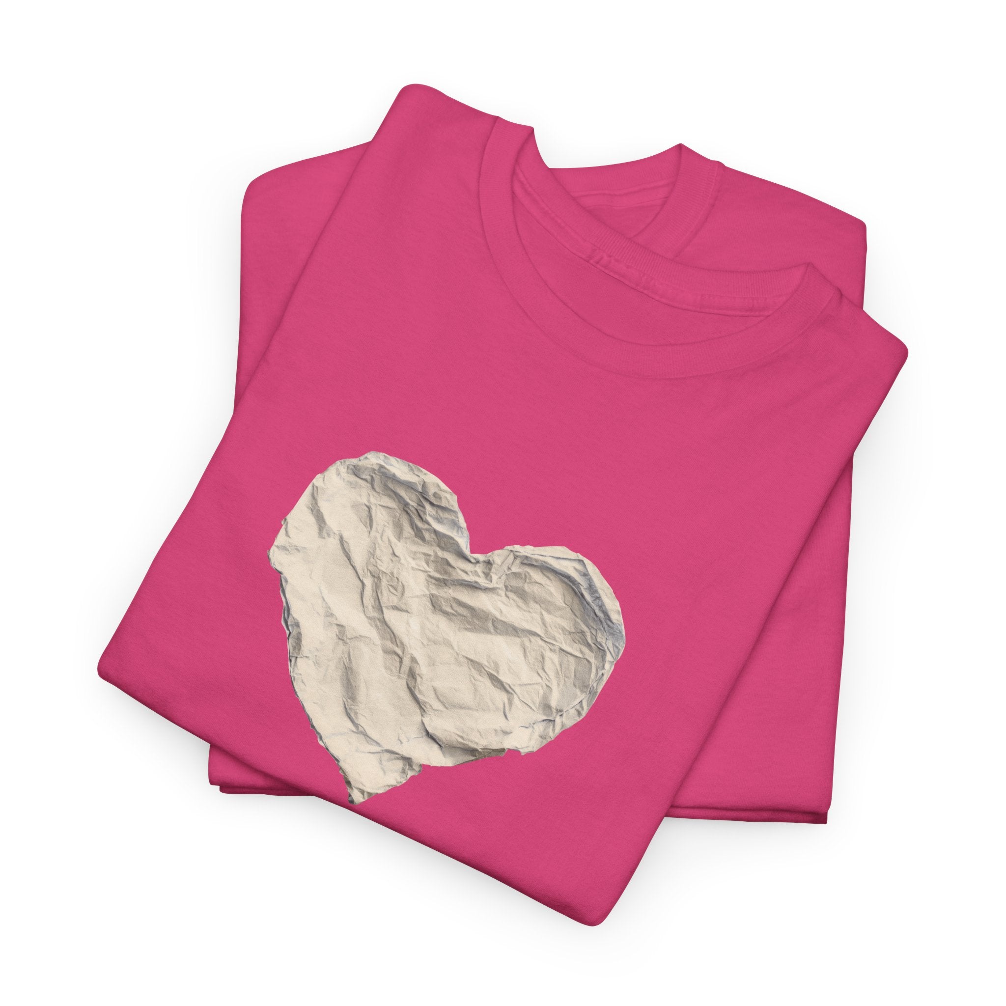 Crinkled Paper Heart Tee - Minimalist White Cotton Shirt