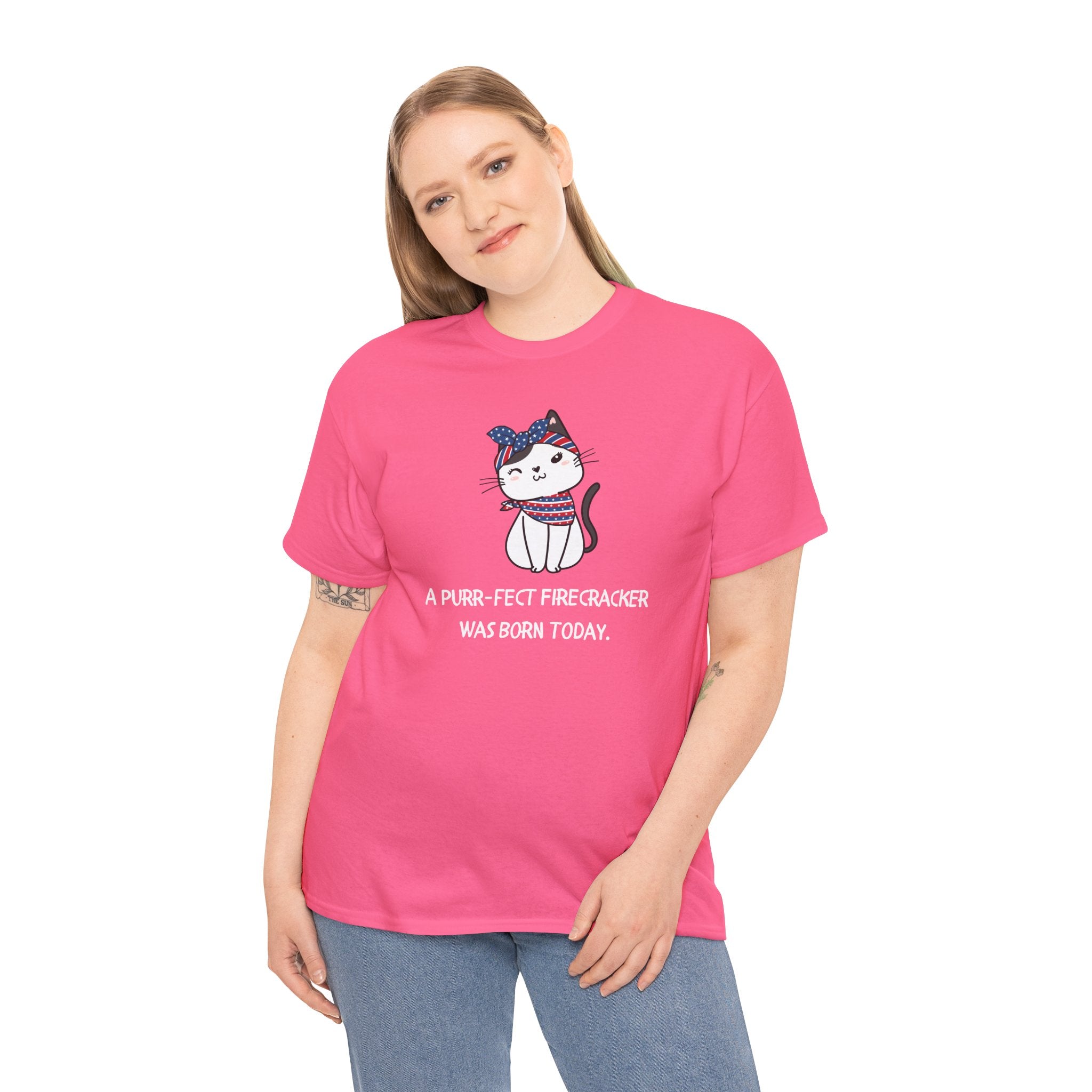 Cat Birthday Tee — "A Purr-fect Firecracker Was Born Today"