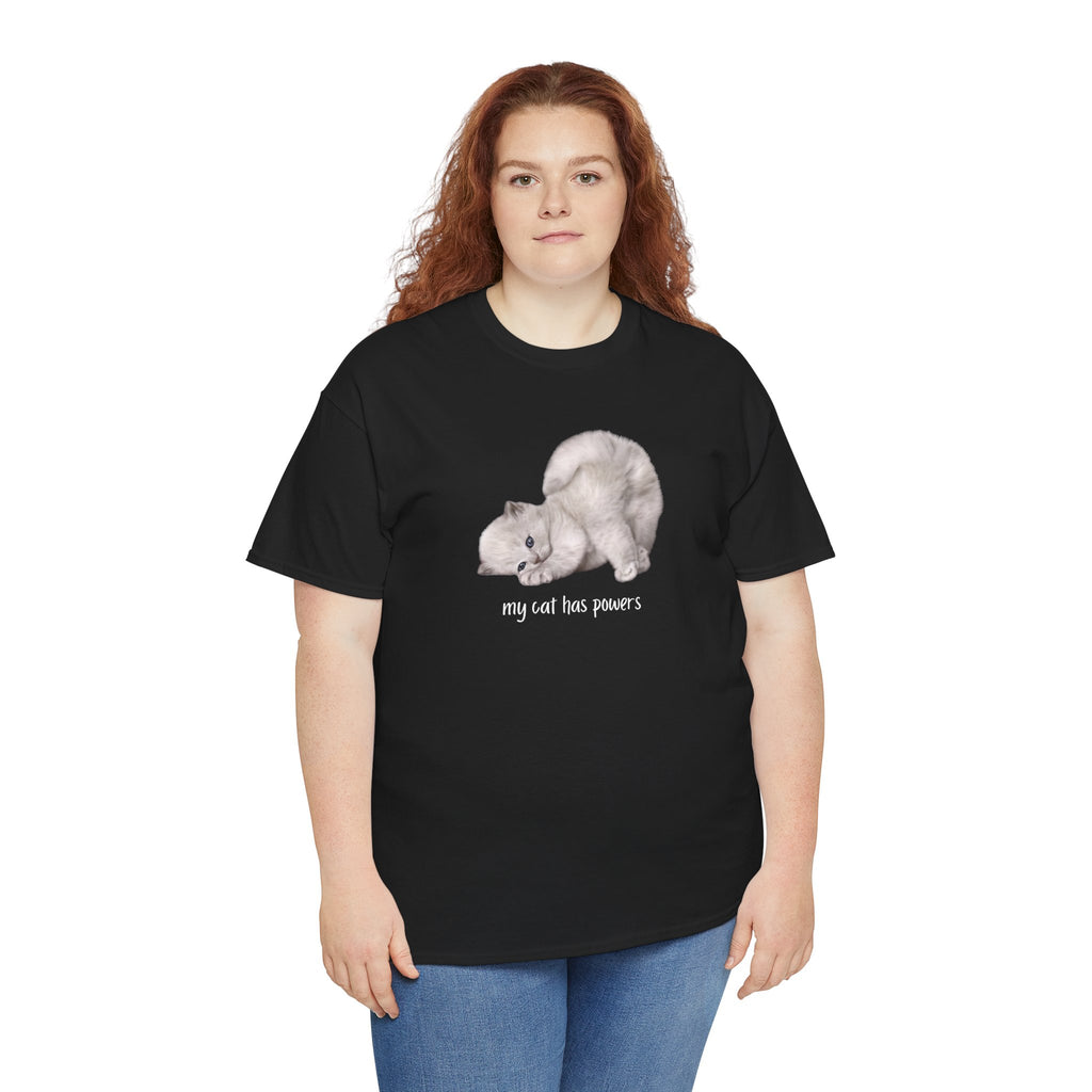 Cat T-Shirt – "My Cat Has Powers" Cute Stretching Cat Graphic Tee