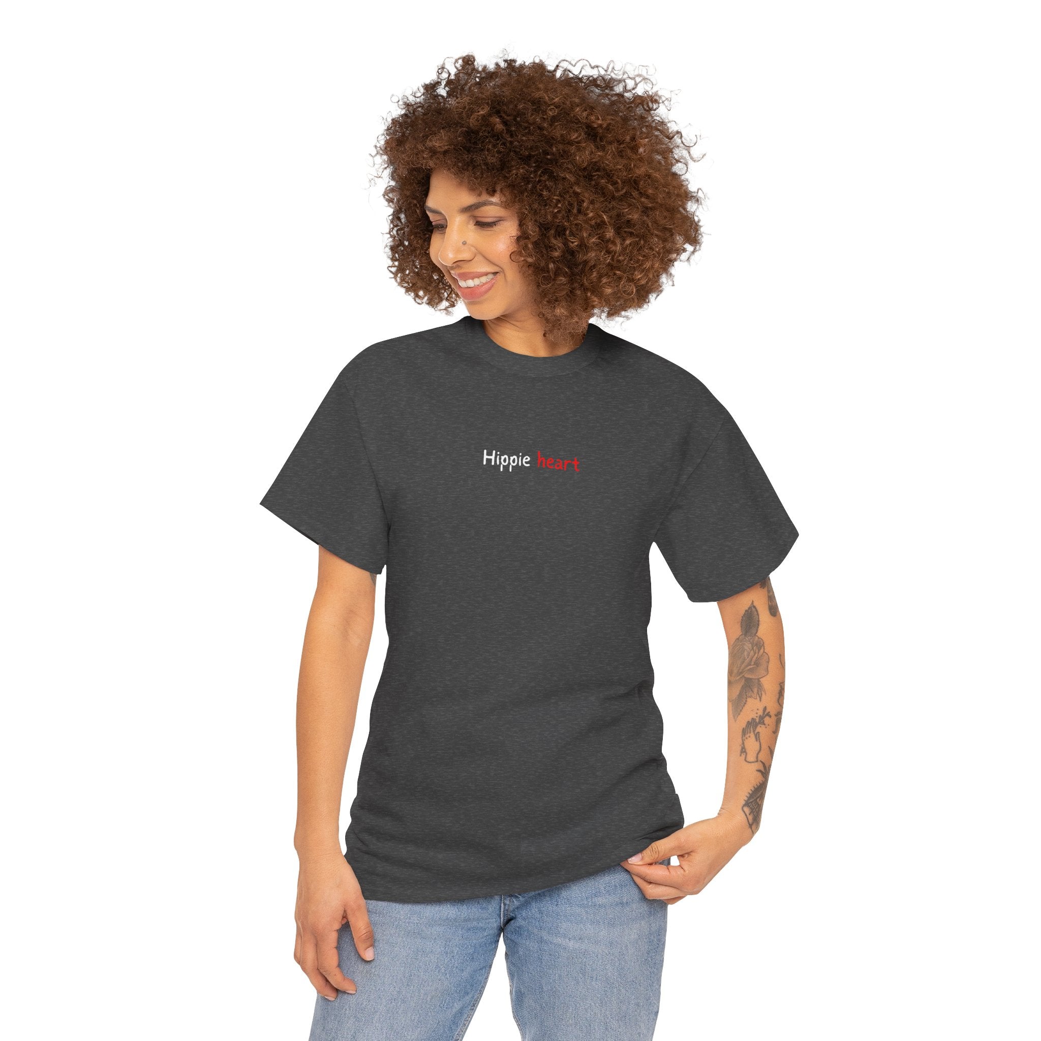 Hippie Heart Black Tee — Minimal Retro Love Graphic T-Shirt
