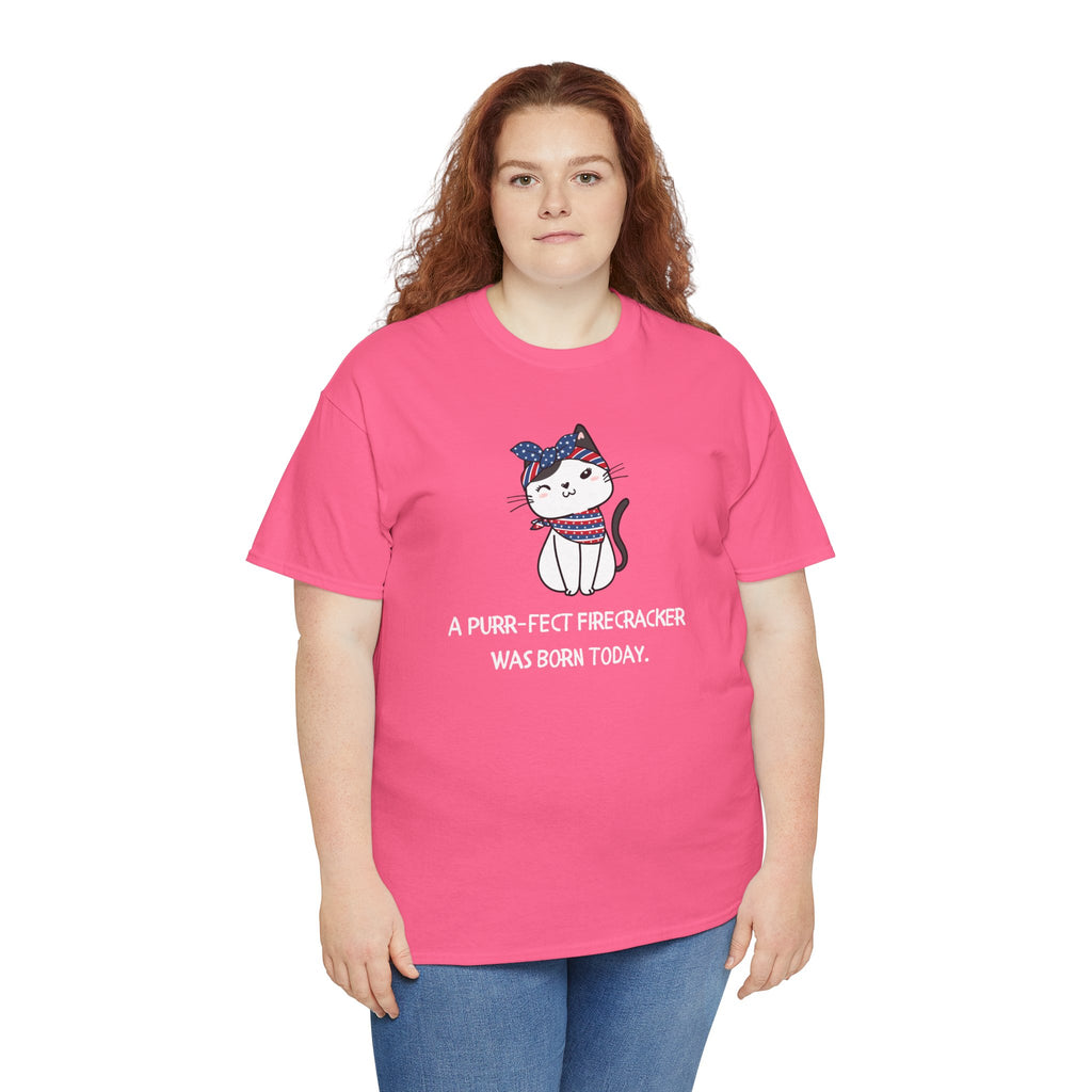 Cat Birthday Tee — "A Purr-fect Firecracker Was Born Today"