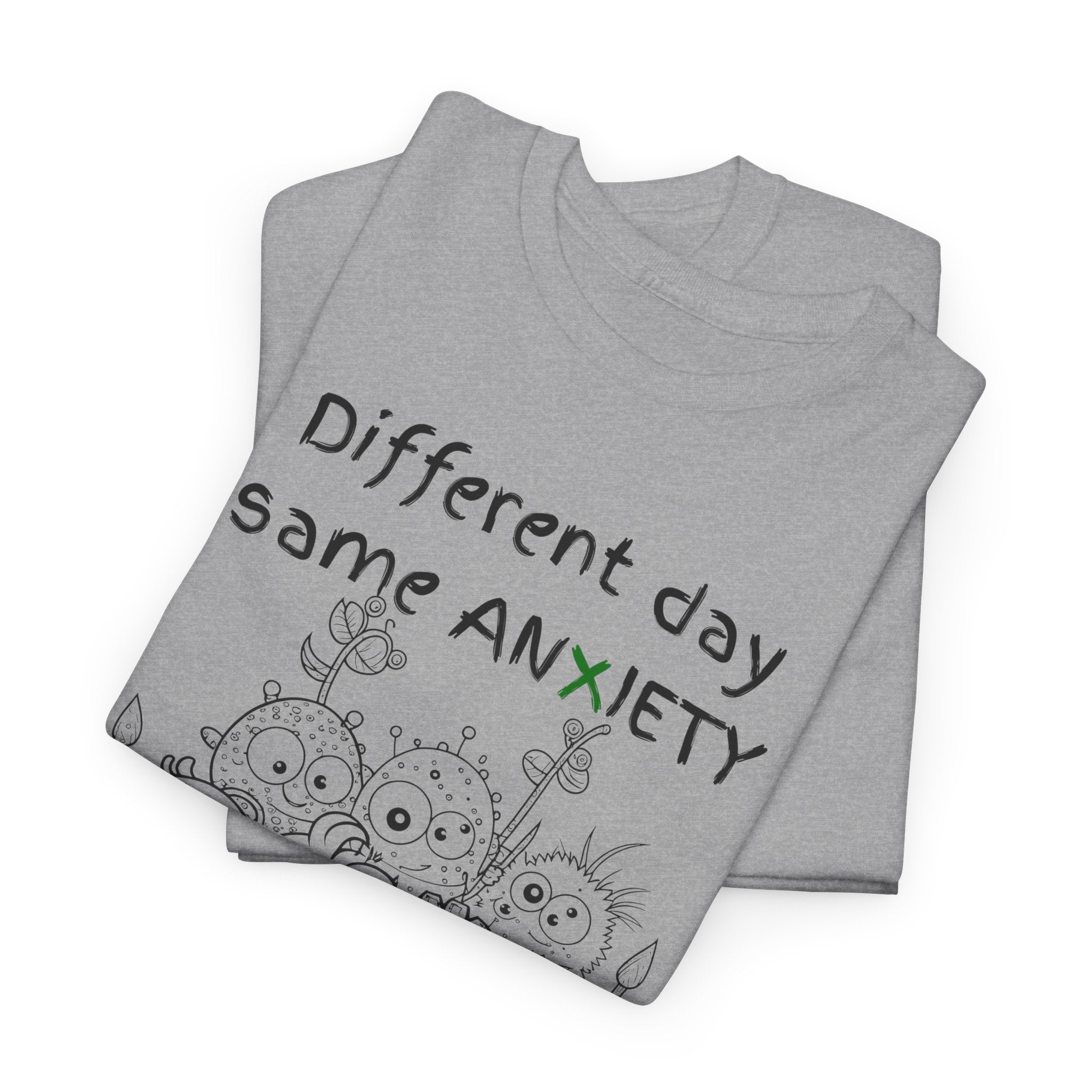 Anxiety Cartoon Tee — "Different day same ANXIETY" Mental Health Graphic T-Shirt
