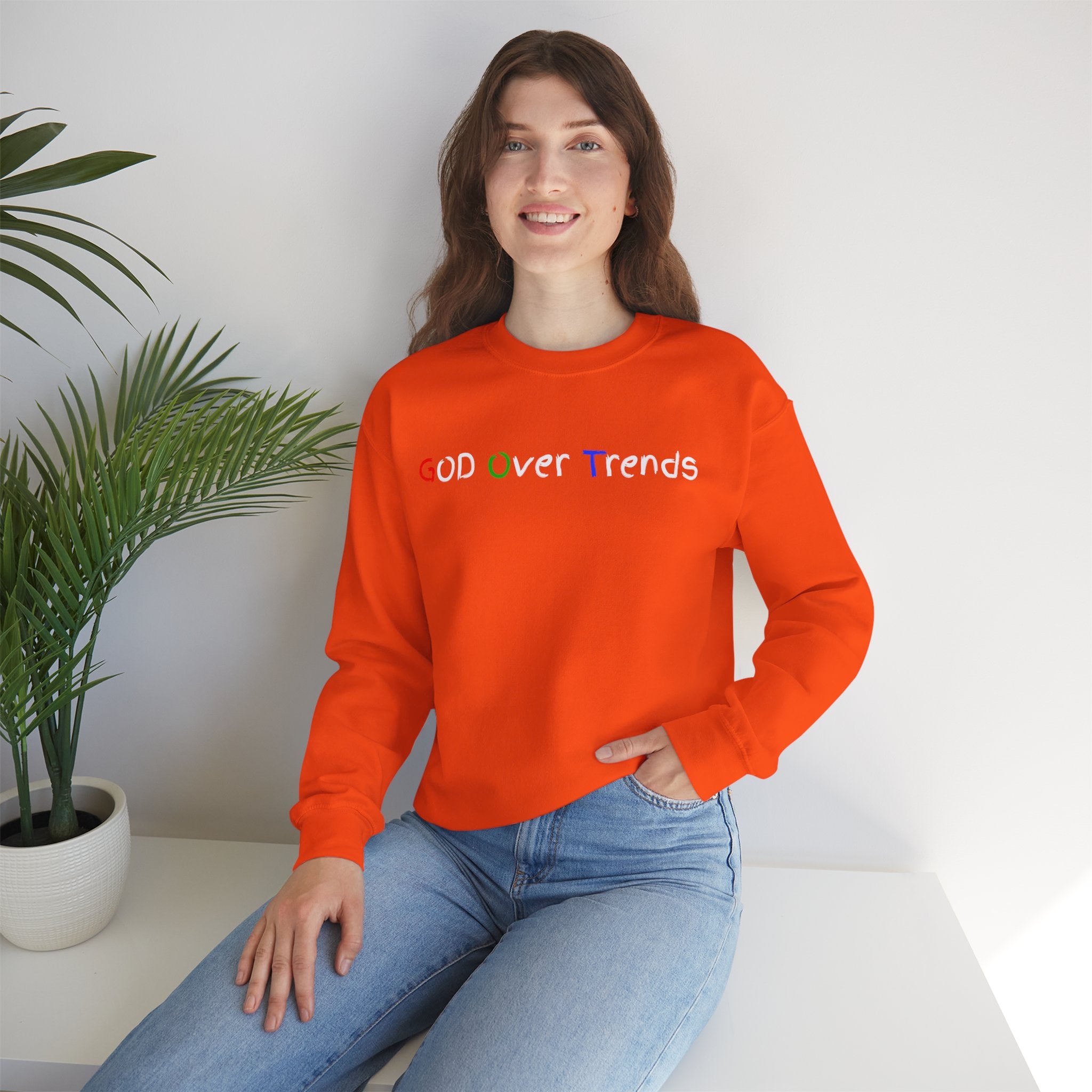 Crewneck Sweatshirt — "GOD over Trends" Colorful Faith Graphic