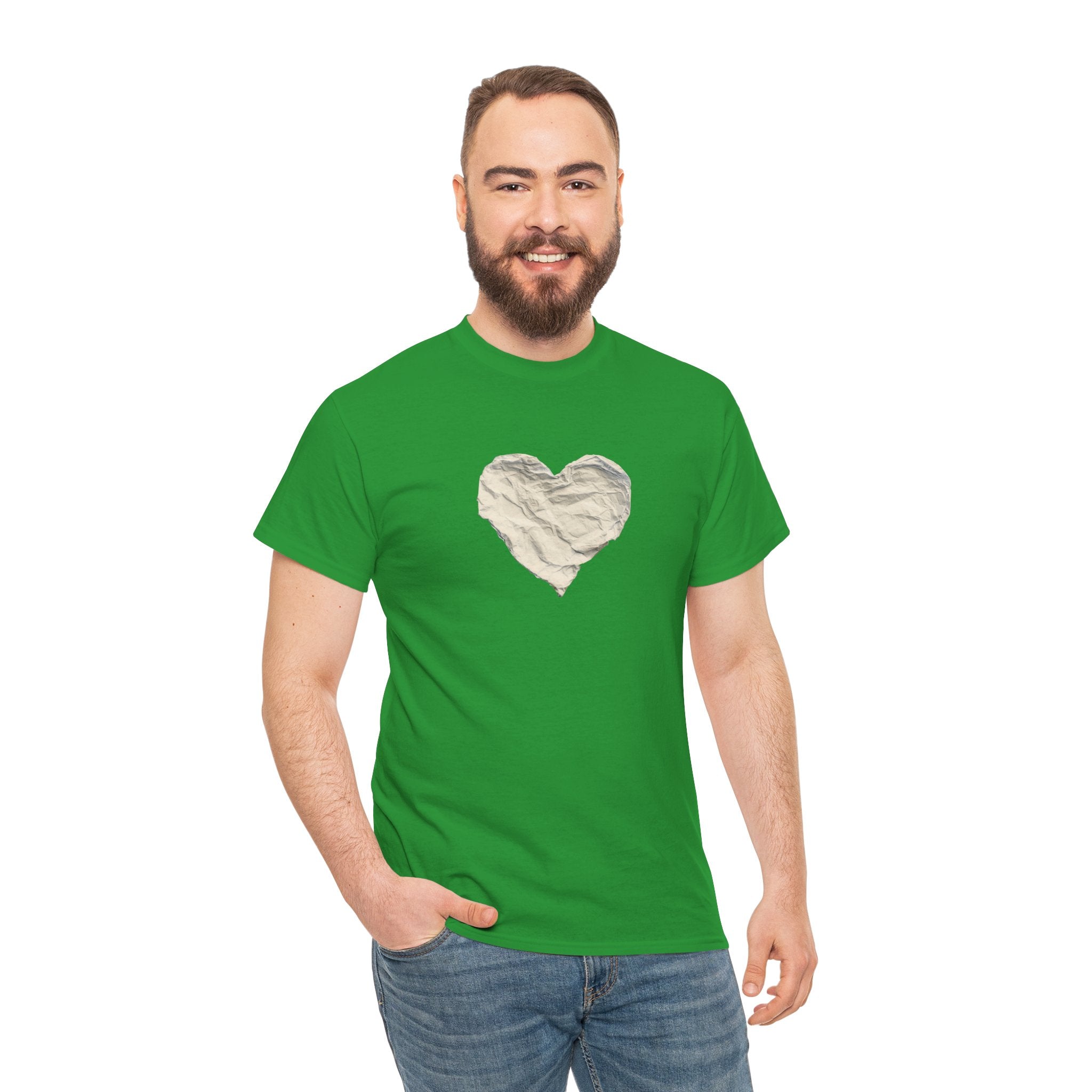 Crinkled Paper Heart Tee - Minimalist White Cotton Shirt
