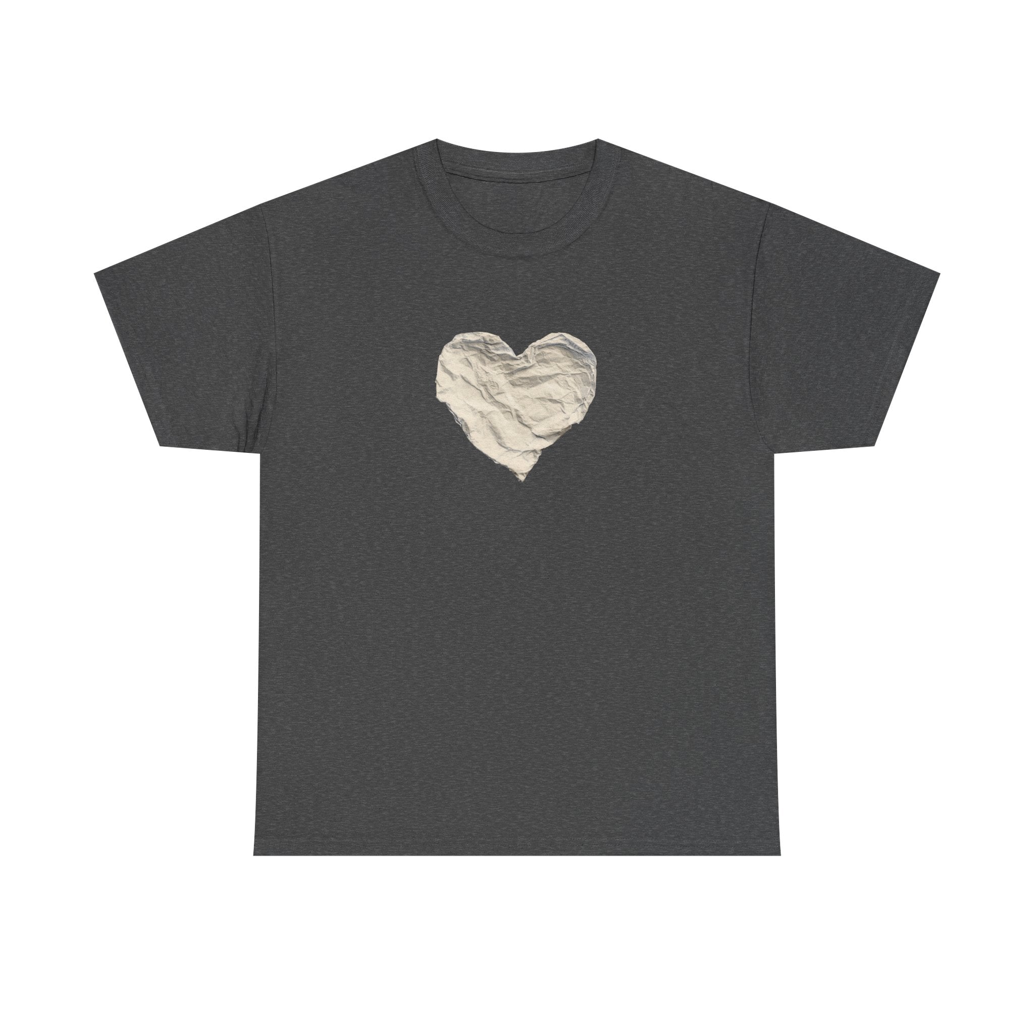 Crinkled Paper Heart Tee - Minimalist White Cotton Shirt