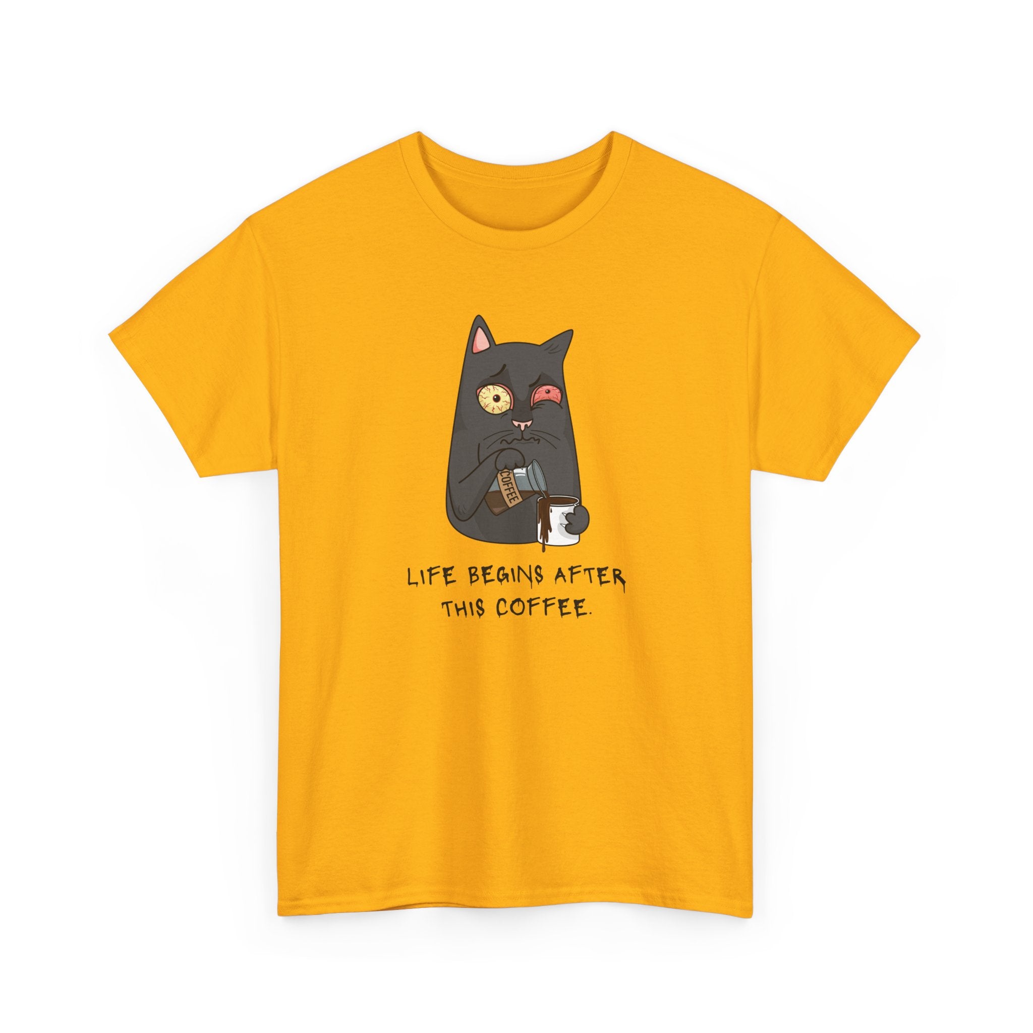 Cat Coffee T-Shirt — "Life Begins After This Coffee" Cute Cat Graphic Tee