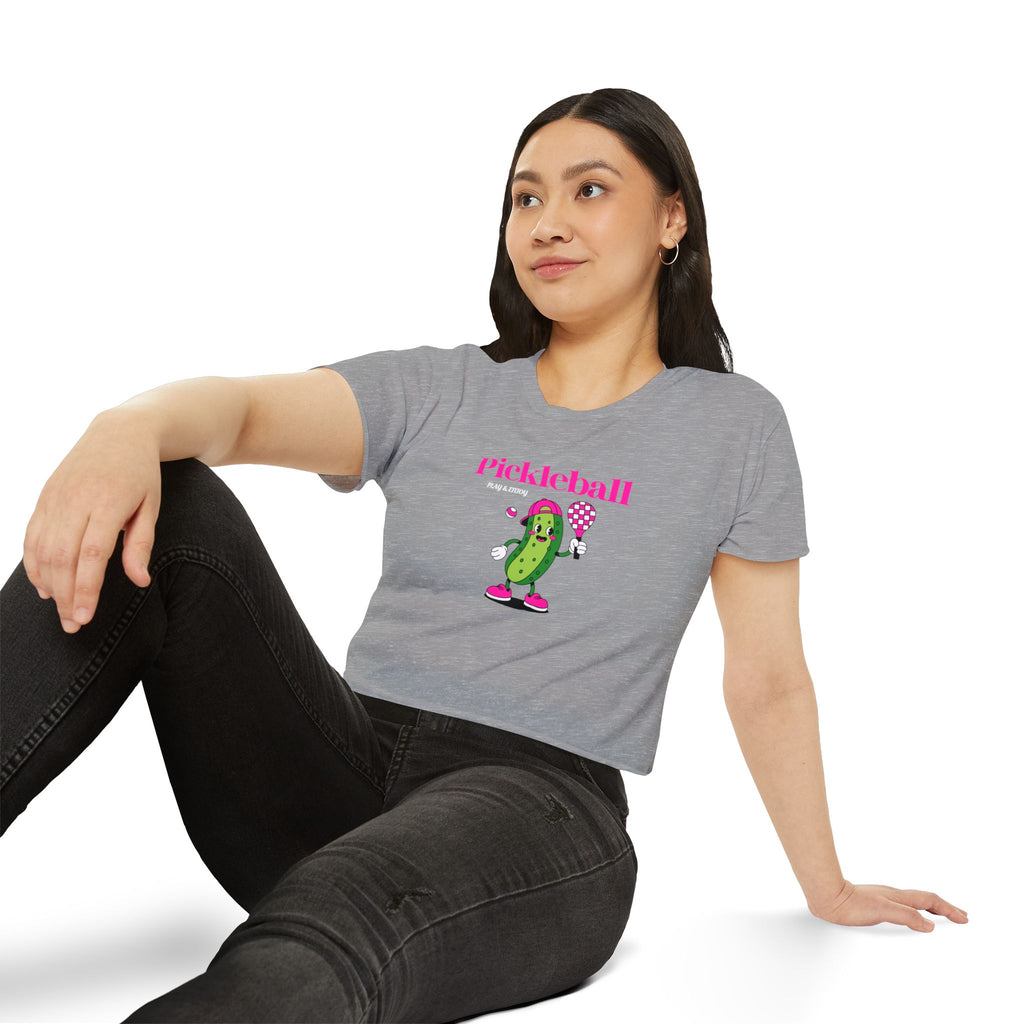 Pickleball Festival Crop Top — Cute Pickle Character Graphic Tee for Women