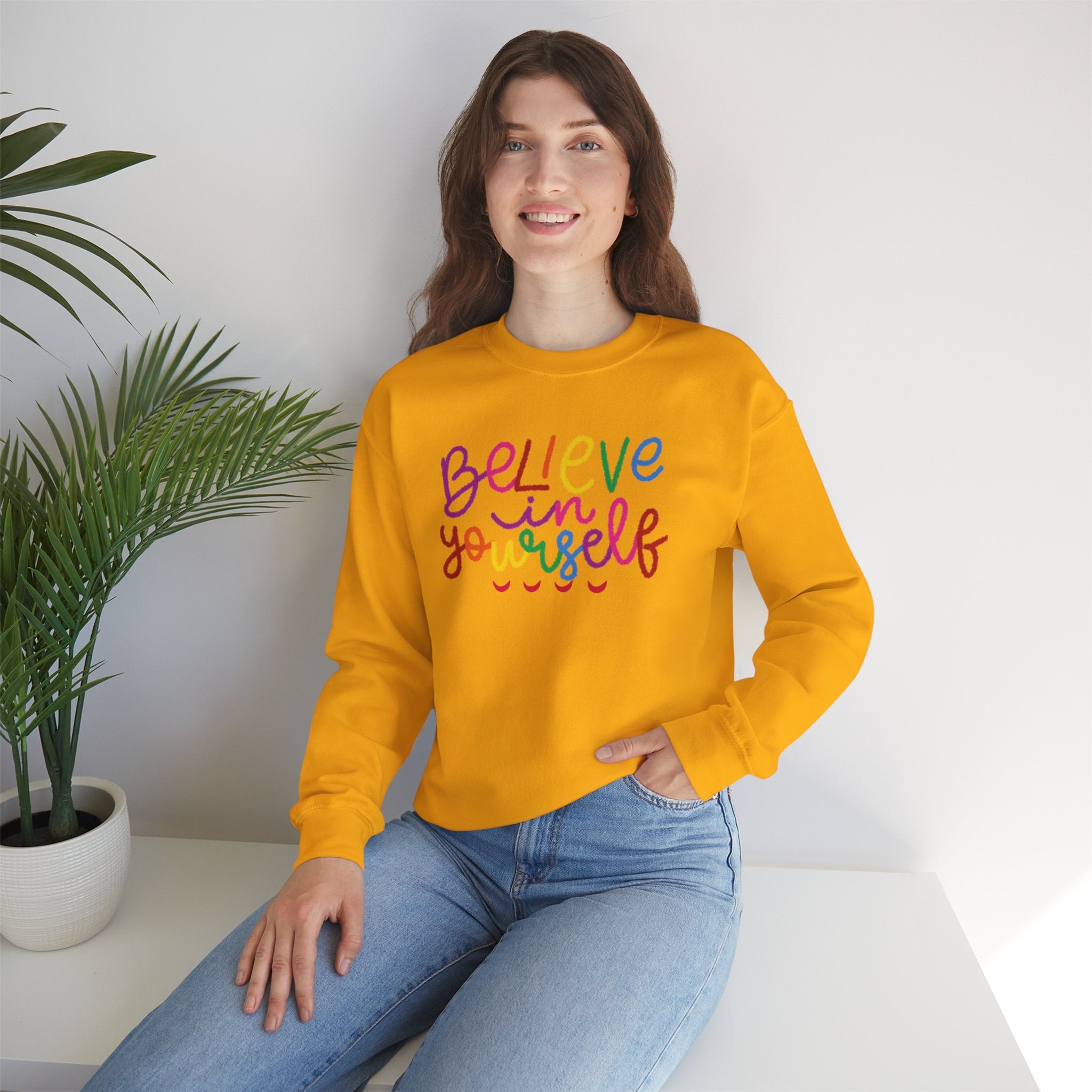 Believe in Yourself Crewneck Sweatshirt — Rainbow Inspirational Graphic