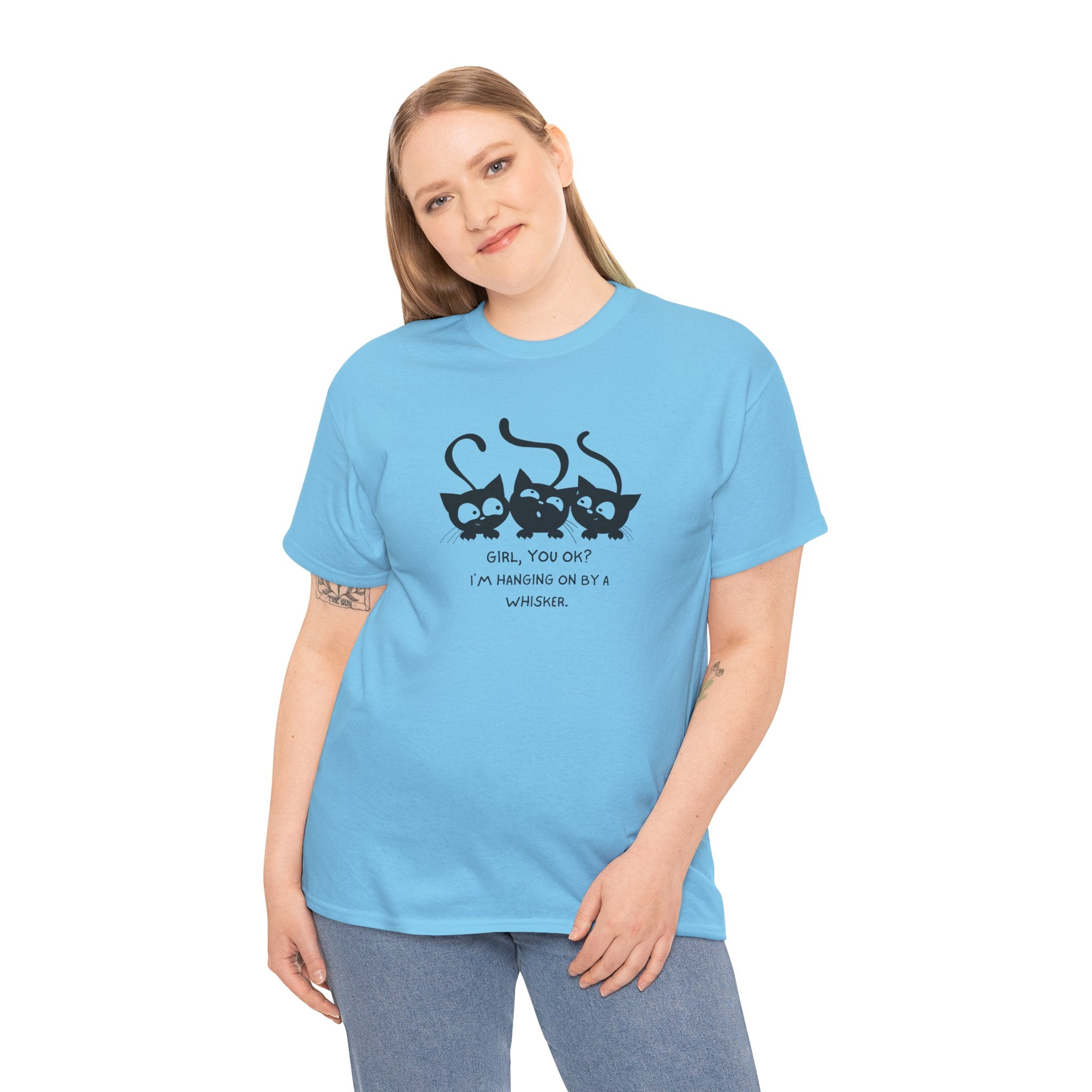 Cat Trio T‑Shirt – “Girl, You OK? I’m Hanging On By A Whisper” Cute Cat Graphic Tee