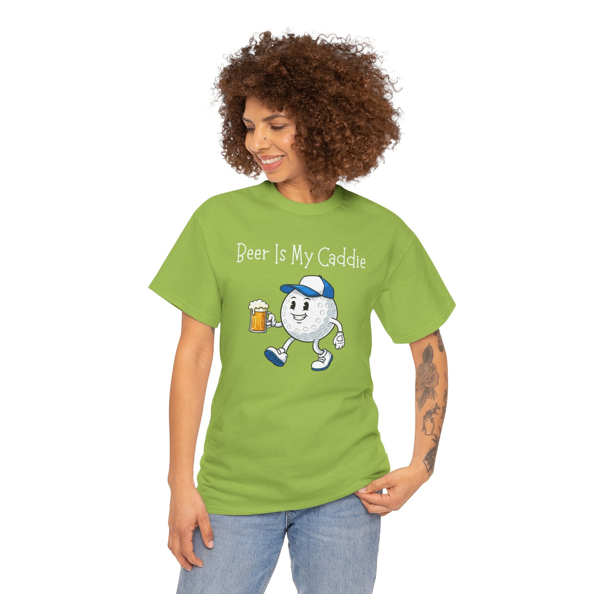 Golf Ball Cartoon Tee — "Beer Is My Caddie" Funny Golf Shirt
