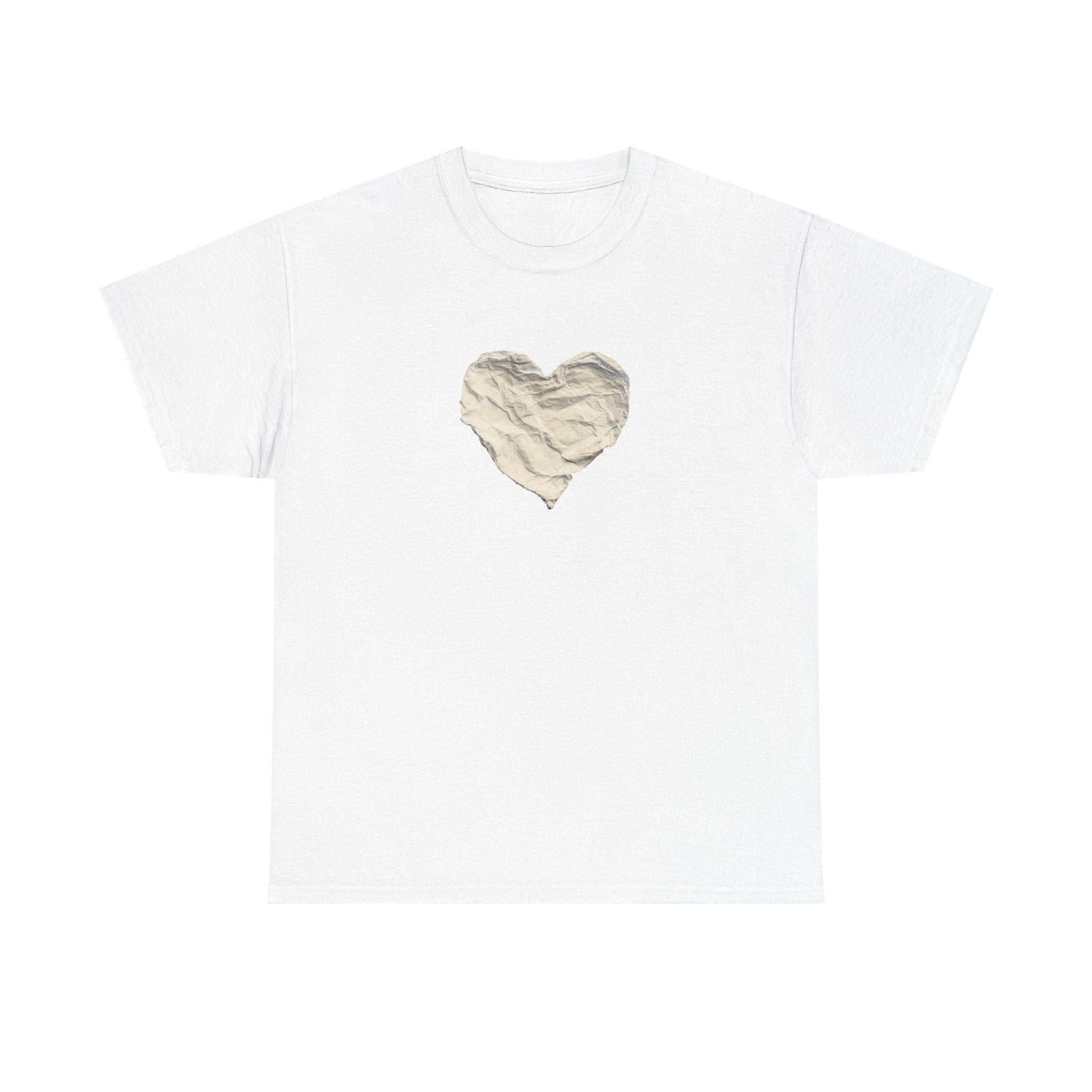 Crinkled Paper Heart Tee - Minimalist White Cotton Shirt