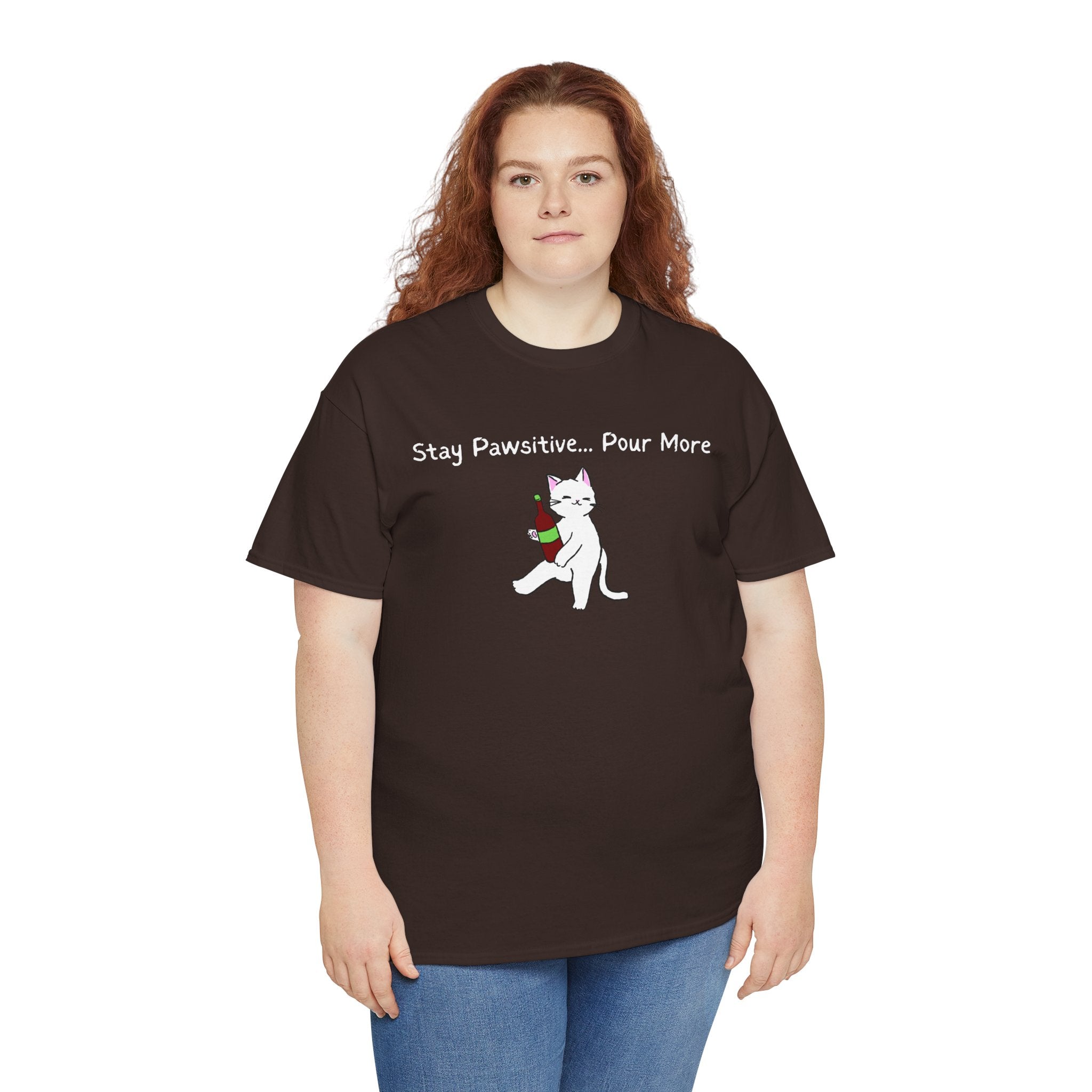 Cat Wine Tee - "Stay Pawsitive Pour More" Funny Cat Drinking T-Shirt
