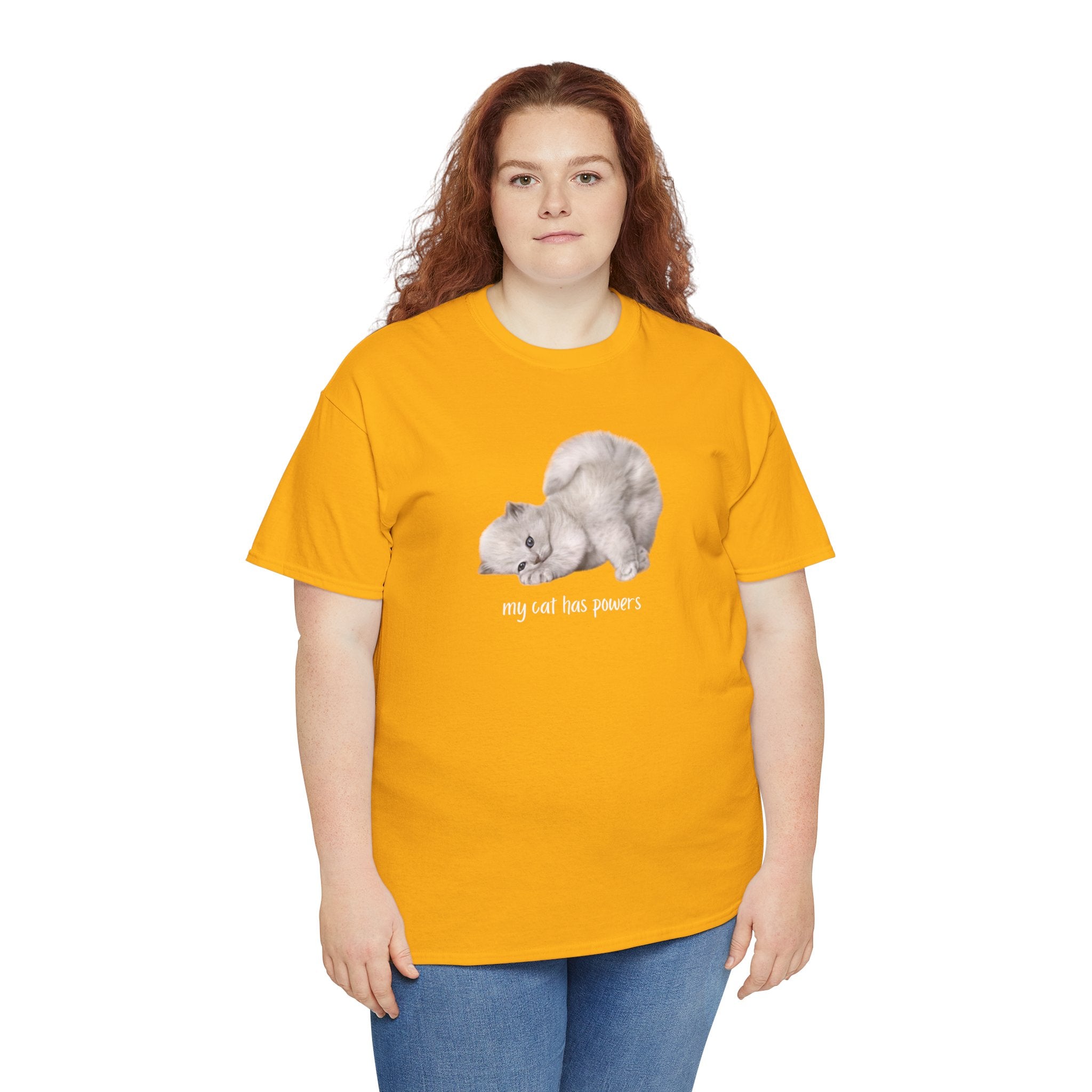 Cat T-Shirt – "My Cat Has Powers" Cute Stretching Cat Graphic Tee