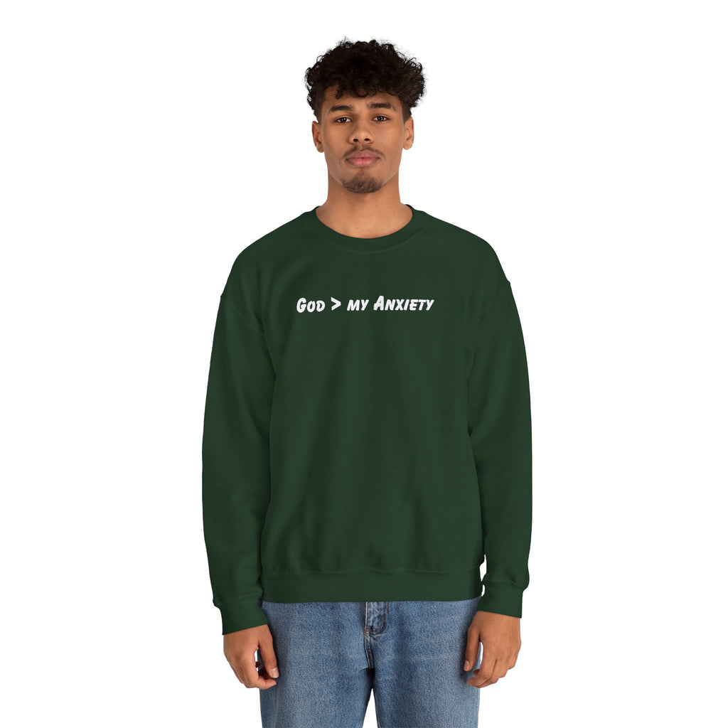 Crewneck Sweatshirt — "God > My Anxiety" Faith Graphic Religious Pullover