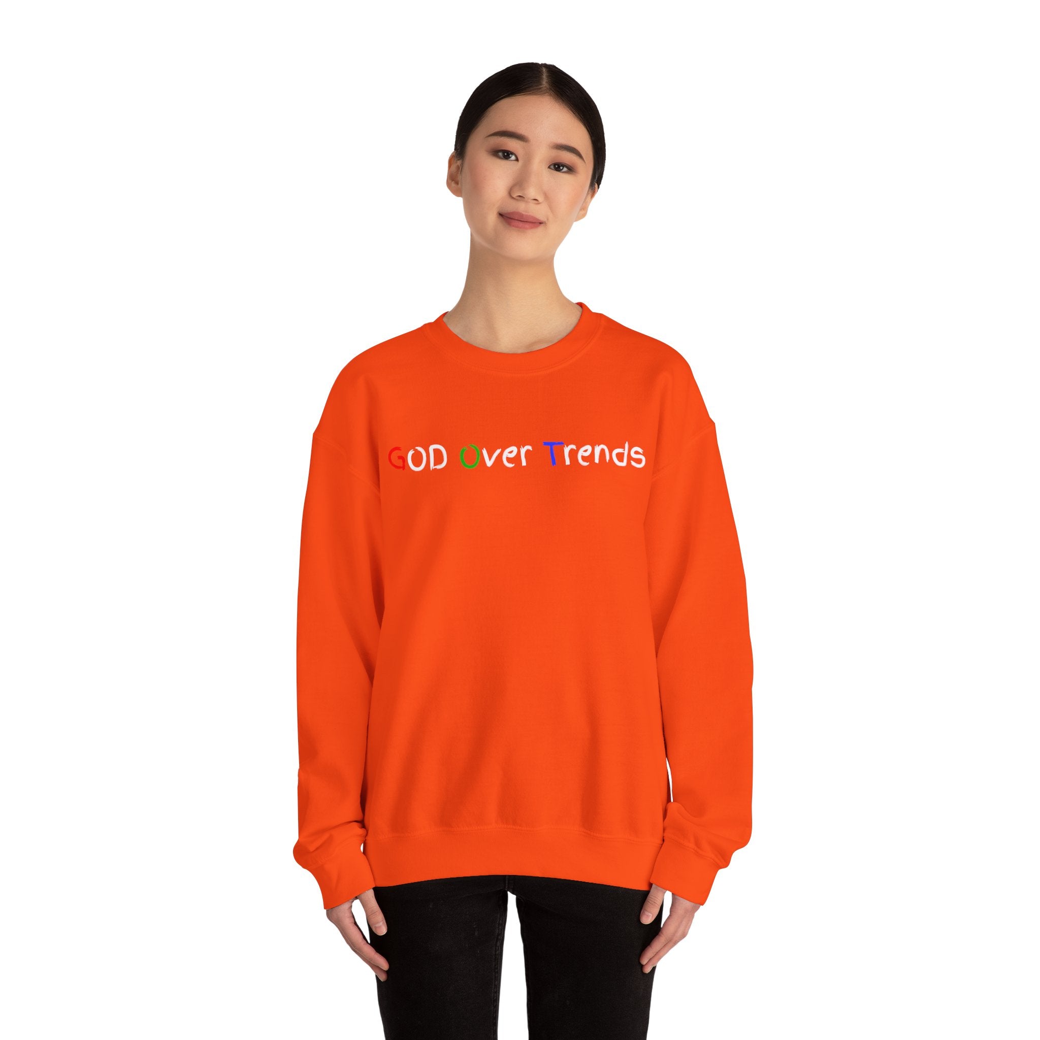 Crewneck Sweatshirt — "GOD over Trends" Colorful Faith Graphic