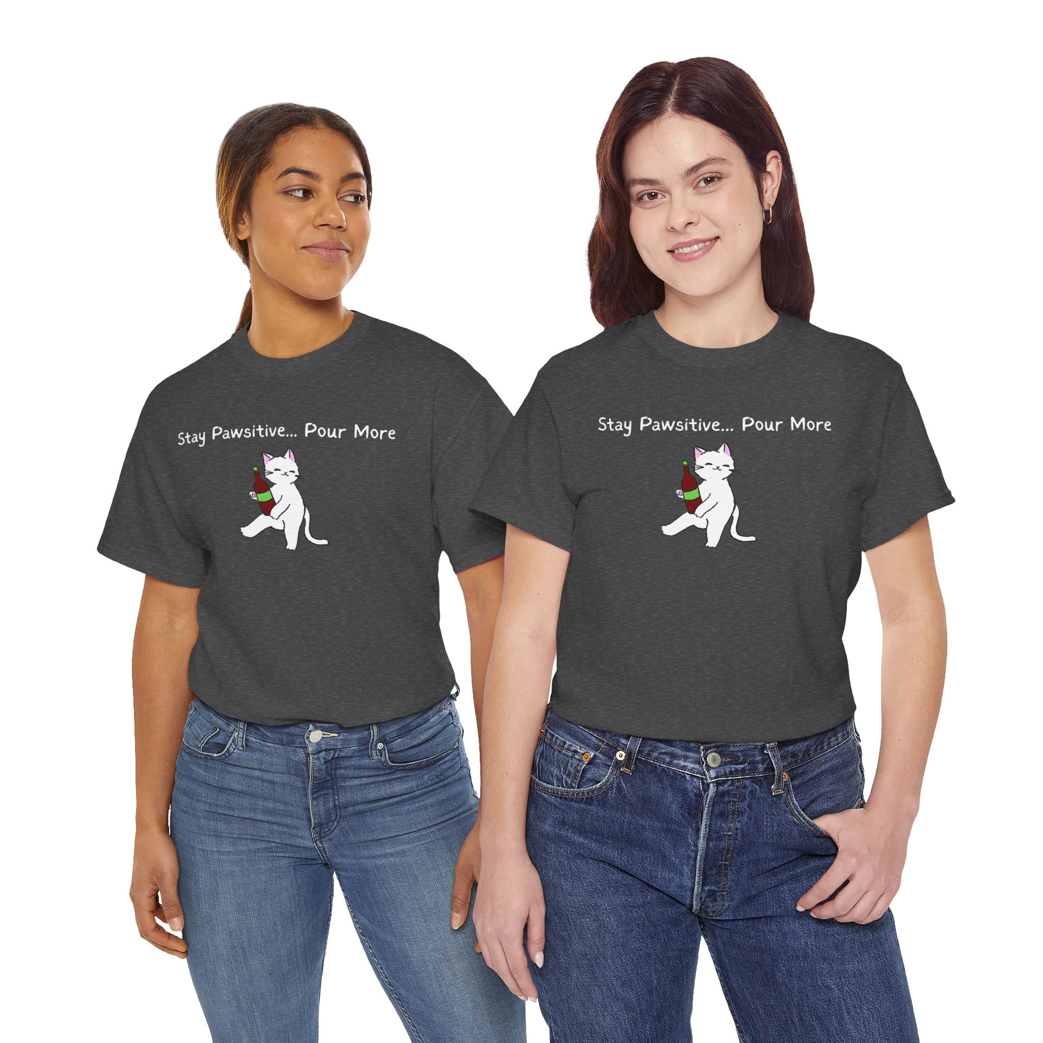 Cat Wine Tee - "Stay Pawsitive Pour More" Funny Cat Drinking T-Shirt