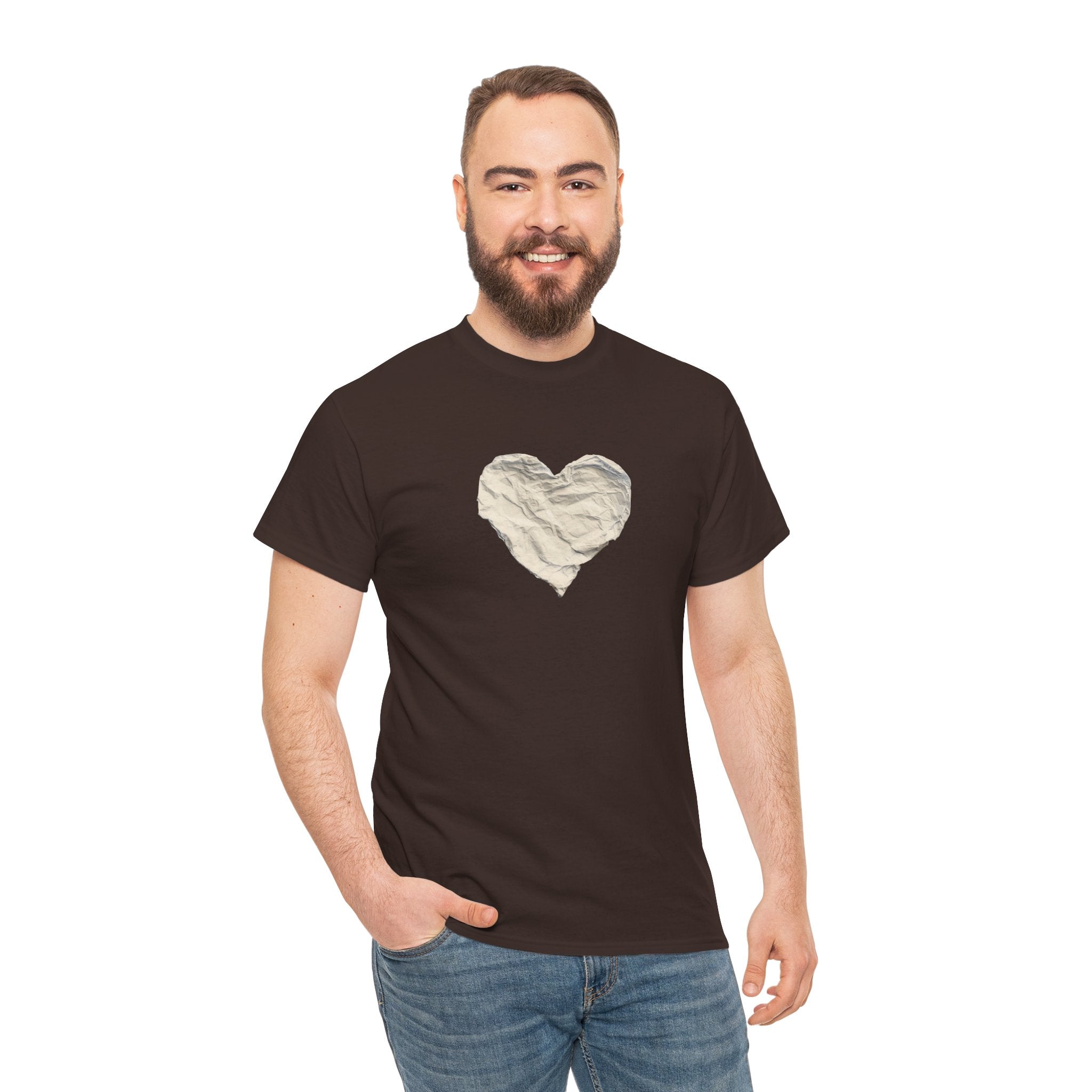 Crinkled Paper Heart Tee - Minimalist White Cotton Shirt