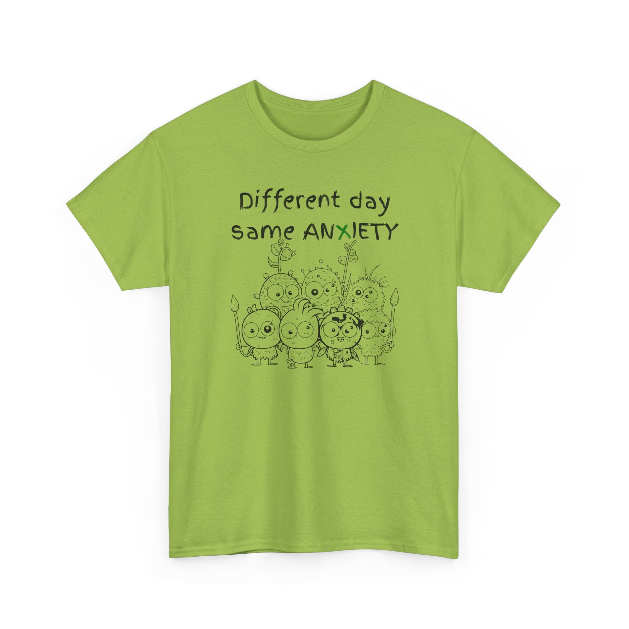 Anxiety Cartoon Tee — "Different day same ANXIETY" Mental Health Graphic T-Shirt