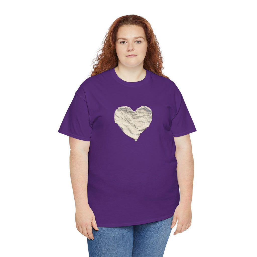 Crinkled Paper Heart Tee - Minimalist White Cotton Shirt
